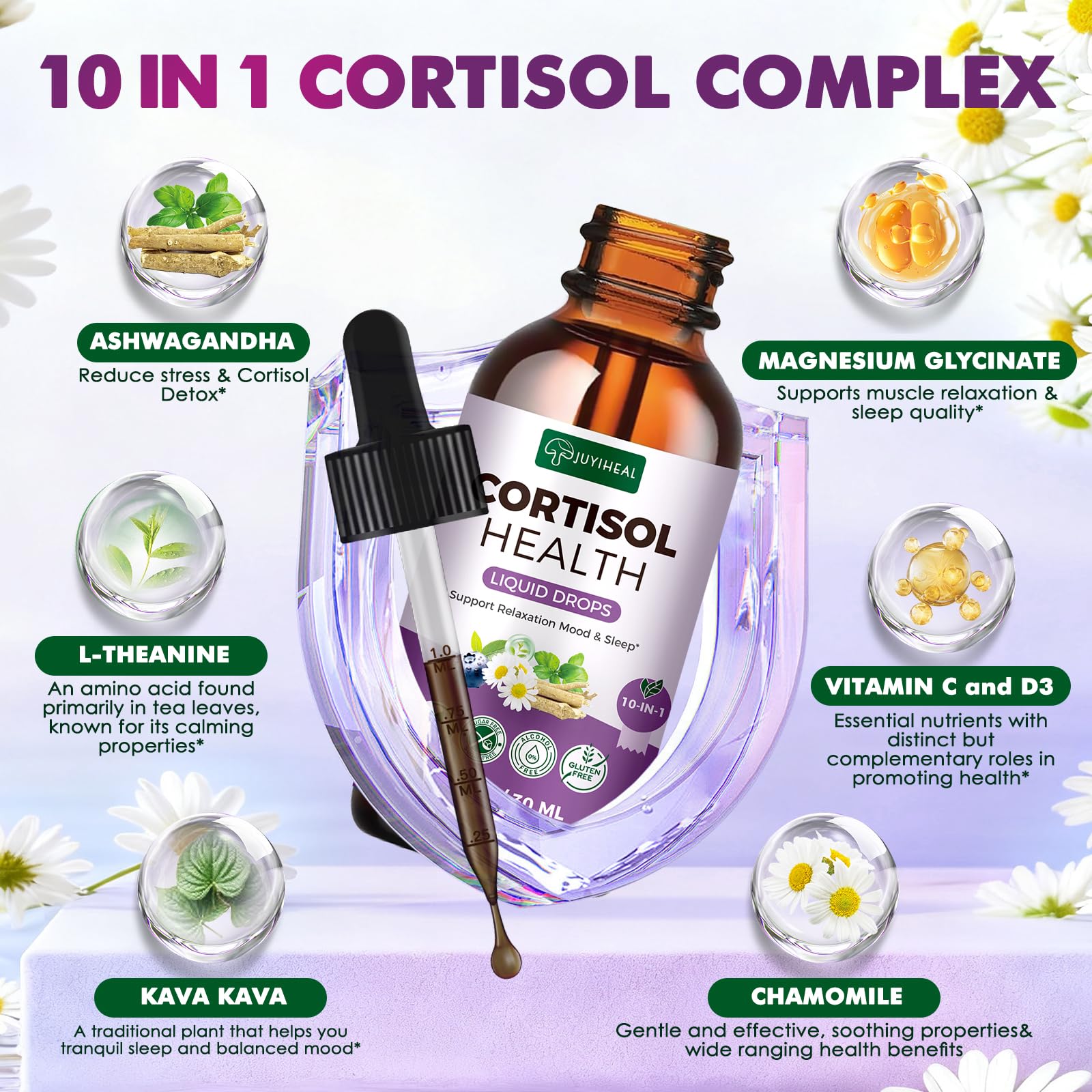 JUYIHEAL Cortisol Supplements, 10 in 1 Cortisol Detox Manager Reducer Hormone Balance Liquid Drops with Ashwagandha, Magnesium, L-theanine - OzHealthStandard