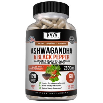 Kaya Naturals Ashwagandha 1300mg, 120 Count Capsules for Stress Relief, Adrenal, Mood & Thyroid Support, Black Pepper and 100% Pure Ashwagandha -120 Capsules - OzHealthStandard