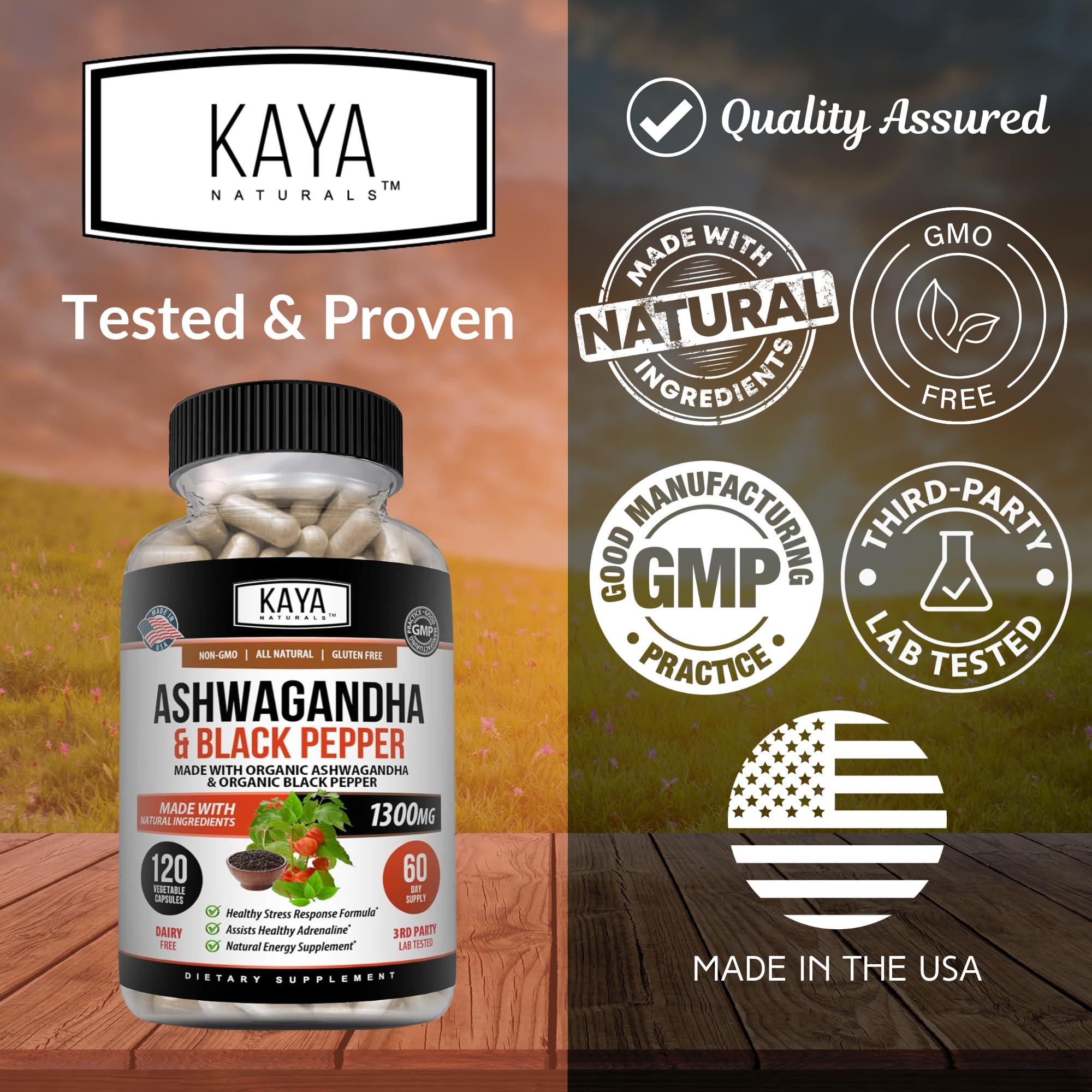 Kaya Naturals Ashwagandha 1300mg, 120 Count Capsules for Stress Relief, Adrenal, Mood & Thyroid Support, Black Pepper and 100% Pure Ashwagandha -120 Capsules - OzHealthStandard