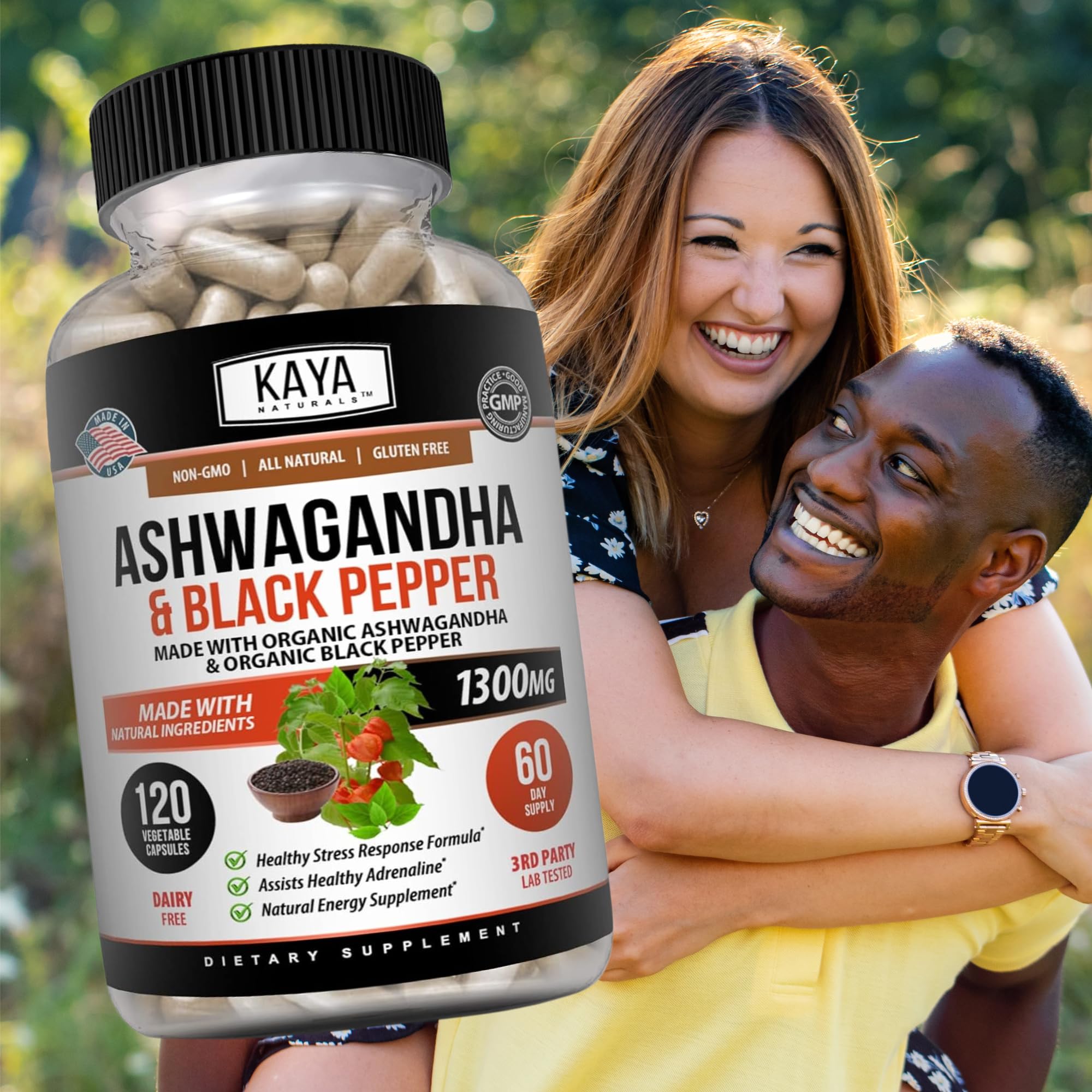 Kaya Naturals Ashwagandha 1300mg, 120 Count Capsules for Stress Relief, Adrenal, Mood & Thyroid Support, Black Pepper and 100% Pure Ashwagandha -120 Capsules - OzHealthStandard