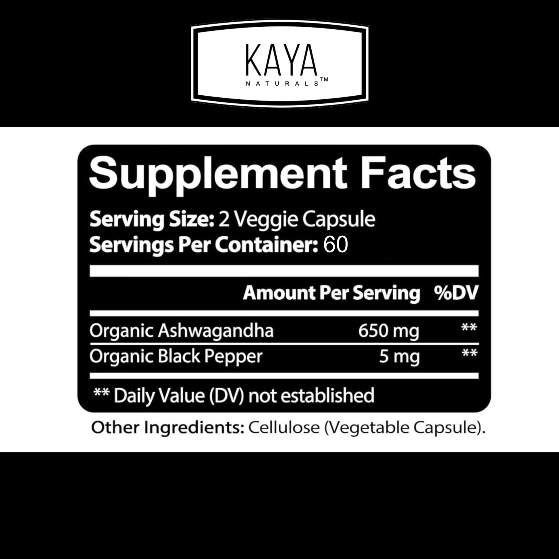 Kaya Naturals Ashwagandha 1300mg, 120 Count Capsules for Stress Relief, Adrenal, Mood & Thyroid Support, Black Pepper and 100% Pure Ashwagandha -120 Capsules - OzHealthStandard