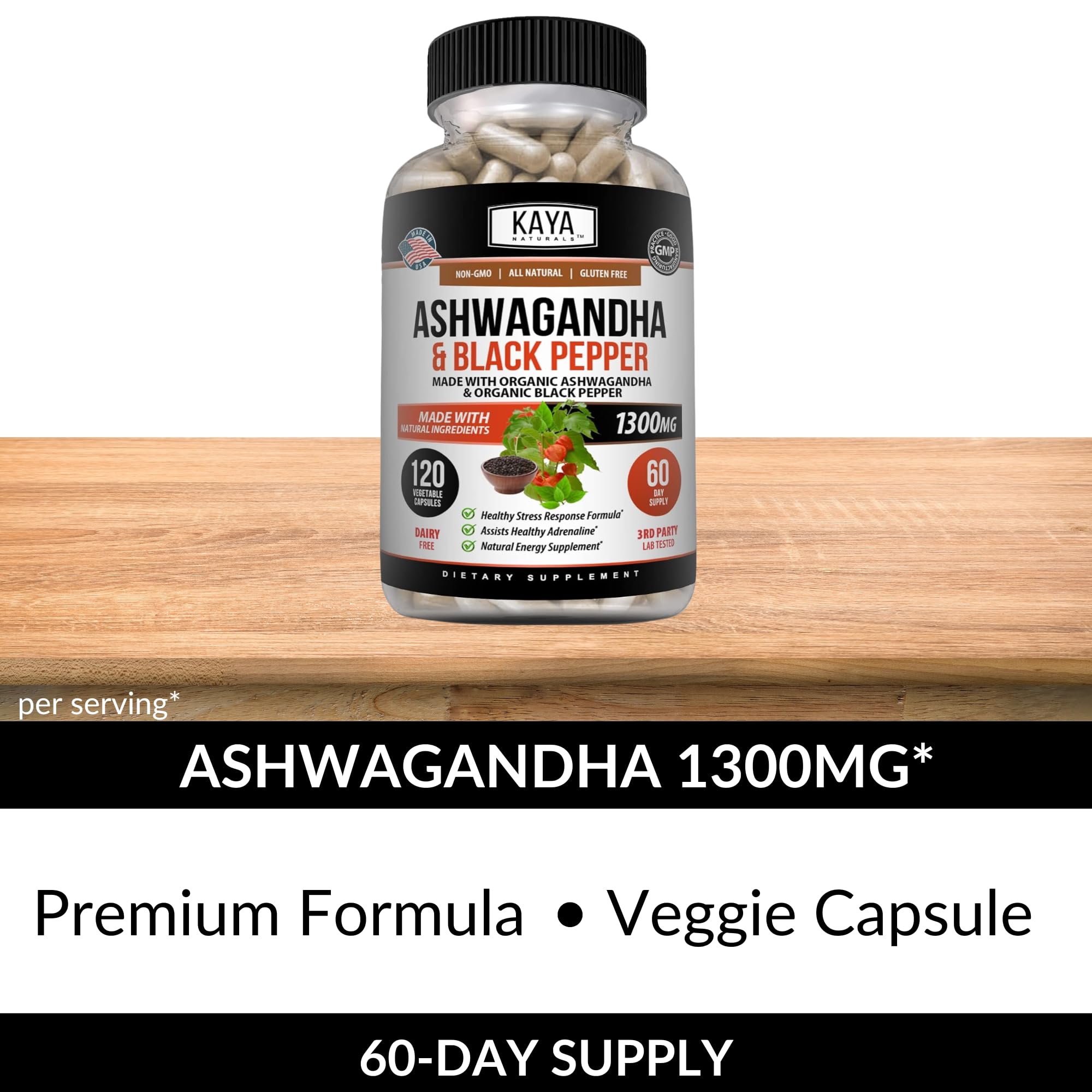 Kaya Naturals Ashwagandha 1300mg, 120 Count Capsules for Stress Relief, Adrenal, Mood & Thyroid Support, Black Pepper and 100% Pure Ashwagandha -120 Capsules - OzHealthStandard