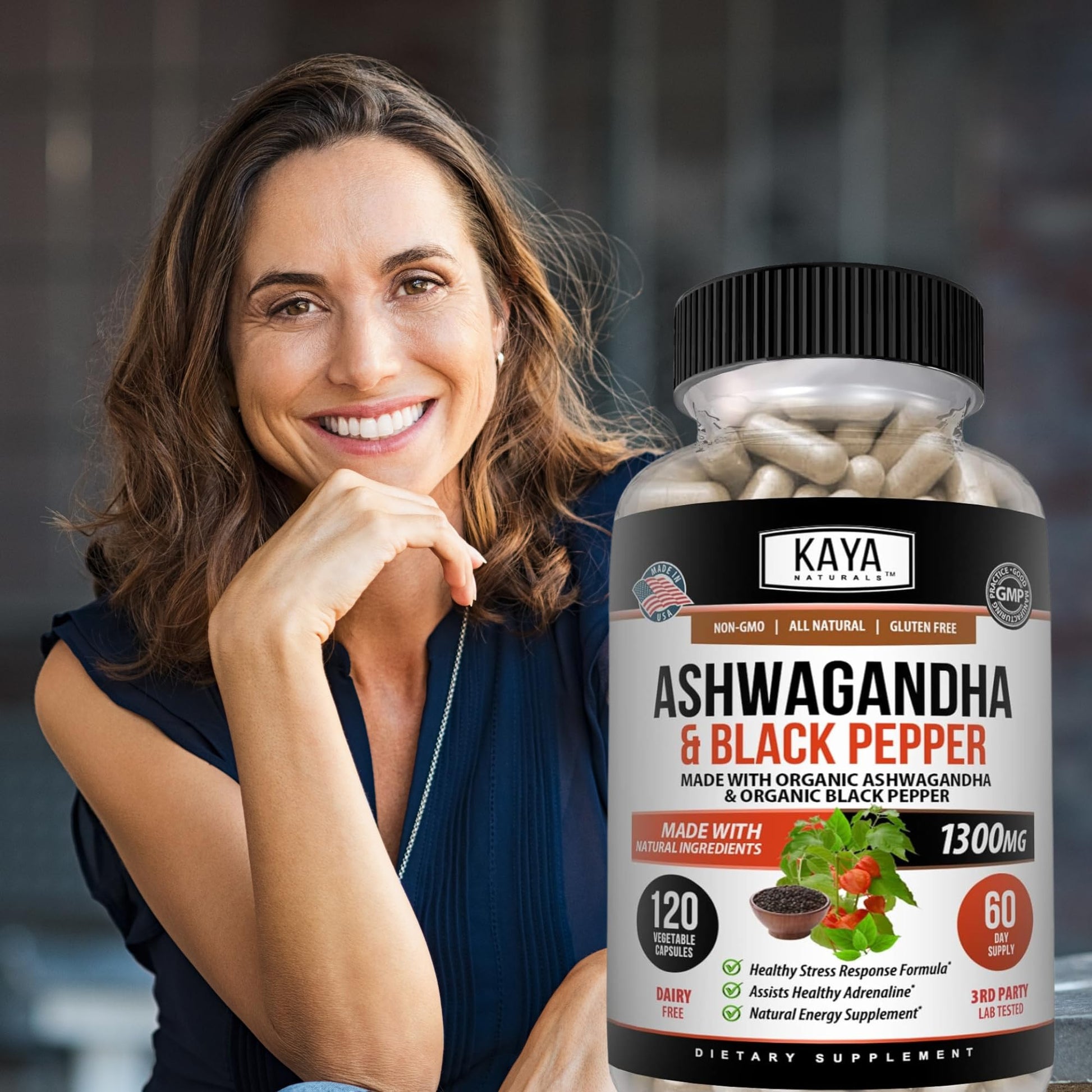 Kaya Naturals Ashwagandha 1300mg, 120 Count Capsules for Stress Relief, Adrenal, Mood & Thyroid Support, Black Pepper and 100% Pure Ashwagandha -120 Capsules - OzHealthStandard
