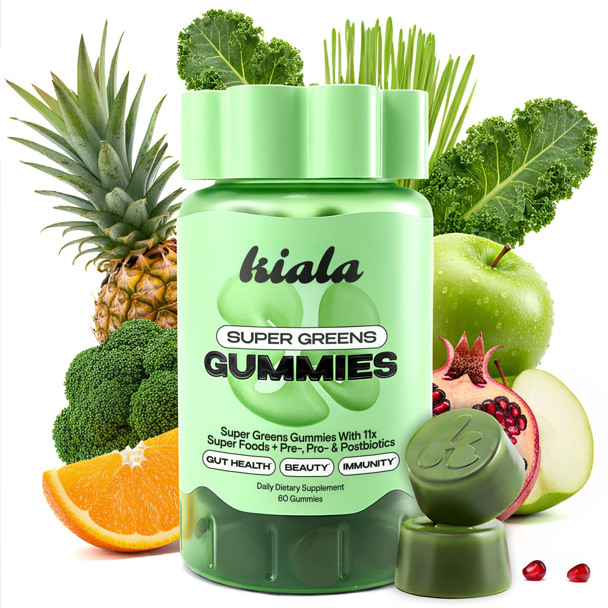 Kiala Nutrition Super Greens Gummies with 11x Organic Greens, Pre, Post & Probiotics, Antioxidants, Multivitamin, Fiber Supplement Supports Gut Health & Digestion, Dairy Free, Vegetarian, 60 Count - OzHealthStandard