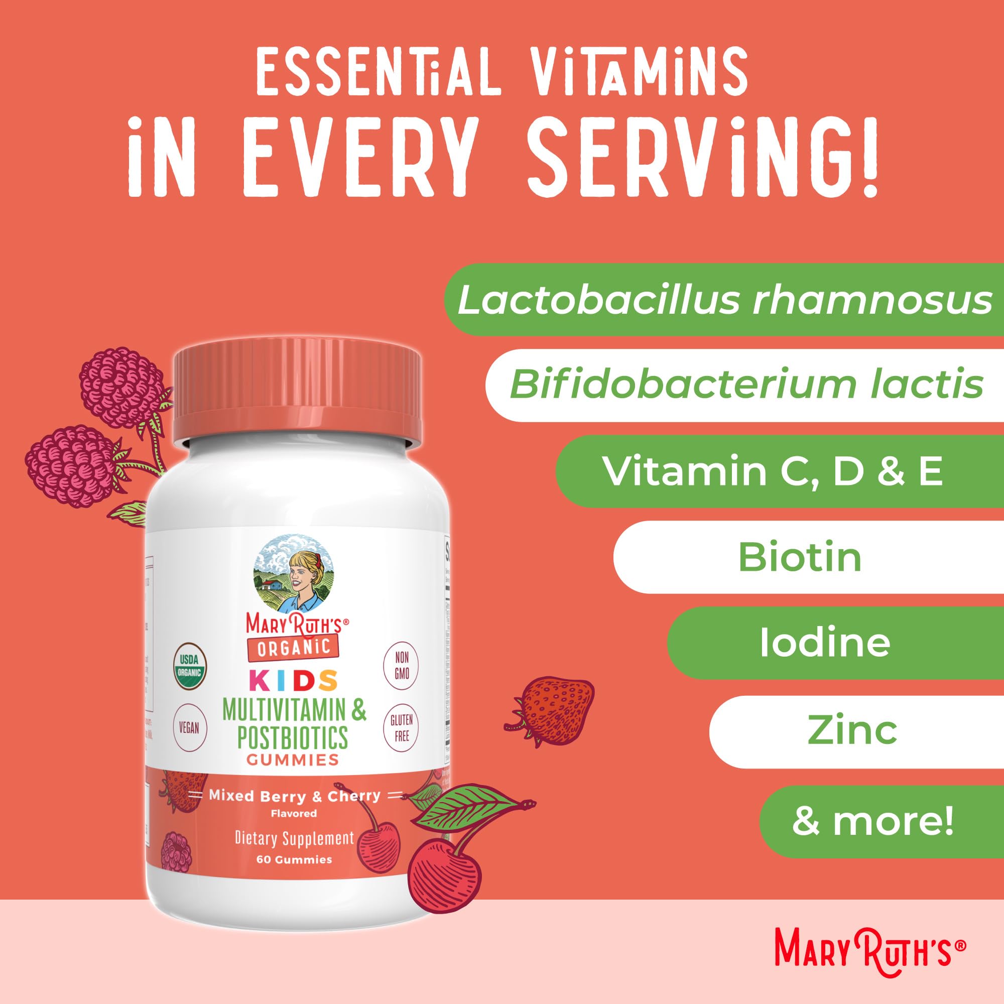 Kids Vitamins by MaryRuth's | USDA Organic | Multivitamin Gummies + Postbiotics for Ages 4+ | Multivitamin for Kids with Lactobacillus Rhamnosus | Children’s Vitamins | Vegan | Non-GMO | 60 Count - OzHealthStandard