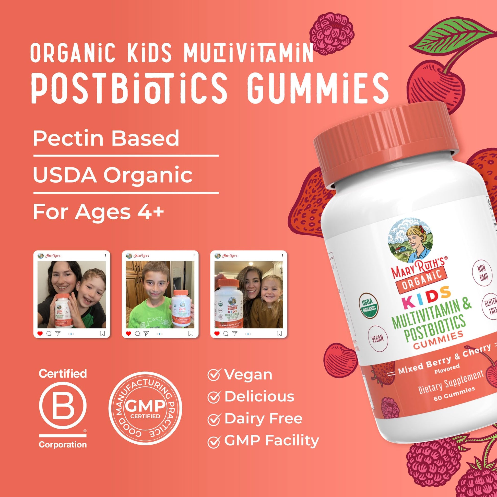 Kids Vitamins by MaryRuth's | USDA Organic | Multivitamin Gummies + Postbiotics for Ages 4+ | Multivitamin for Kids with Lactobacillus Rhamnosus | Children’s Vitamins | Vegan | Non-GMO | 60 Count - OzHealthStandard