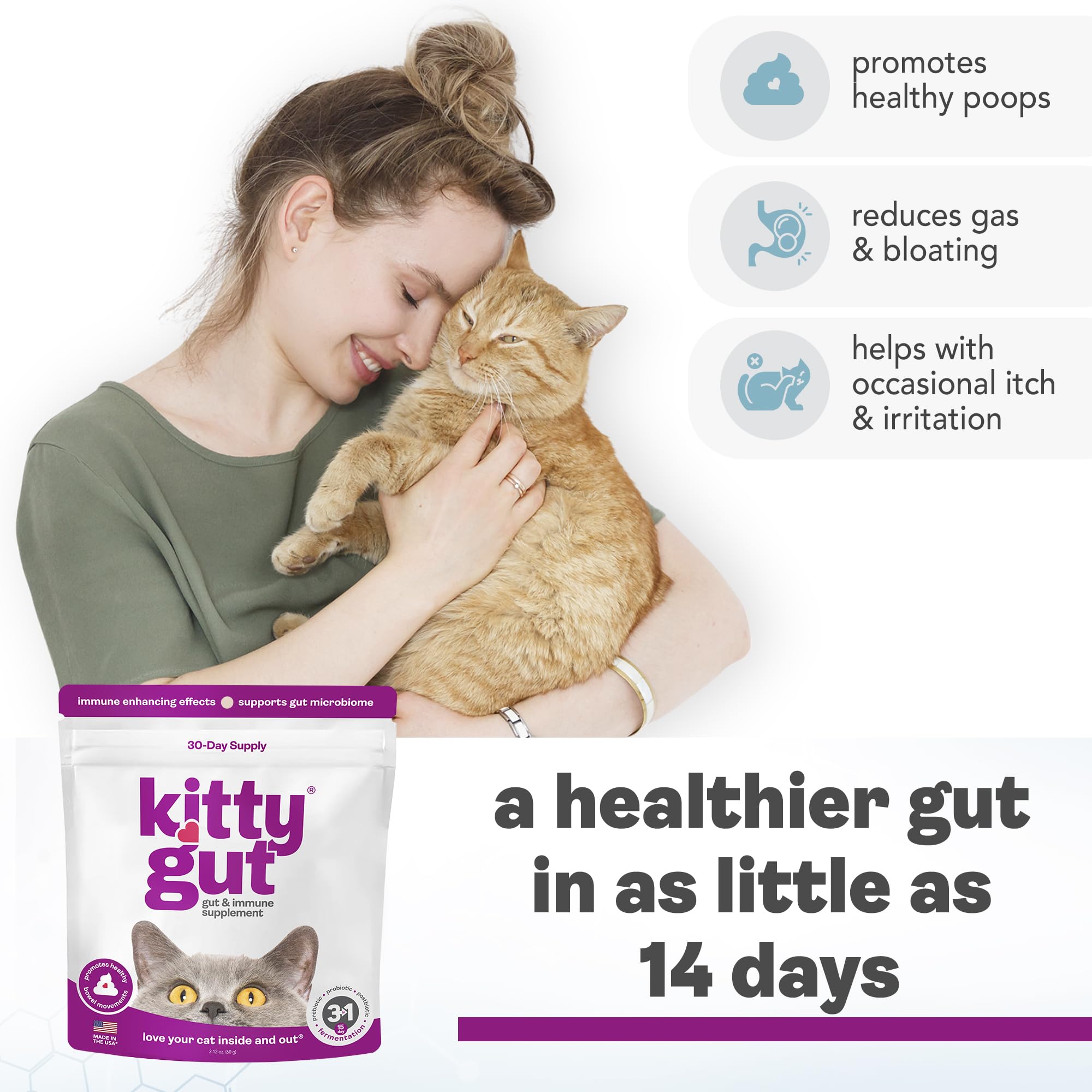 KittyGut 3-in-1 Organic Cat Probiotics & Postbiotic Supplement Powder- Made in USA-Probiotics for Cats Promote Gut Health and Cat Digestive Support, Diarrhea and Vomiting (60g) - OzHealthStandard