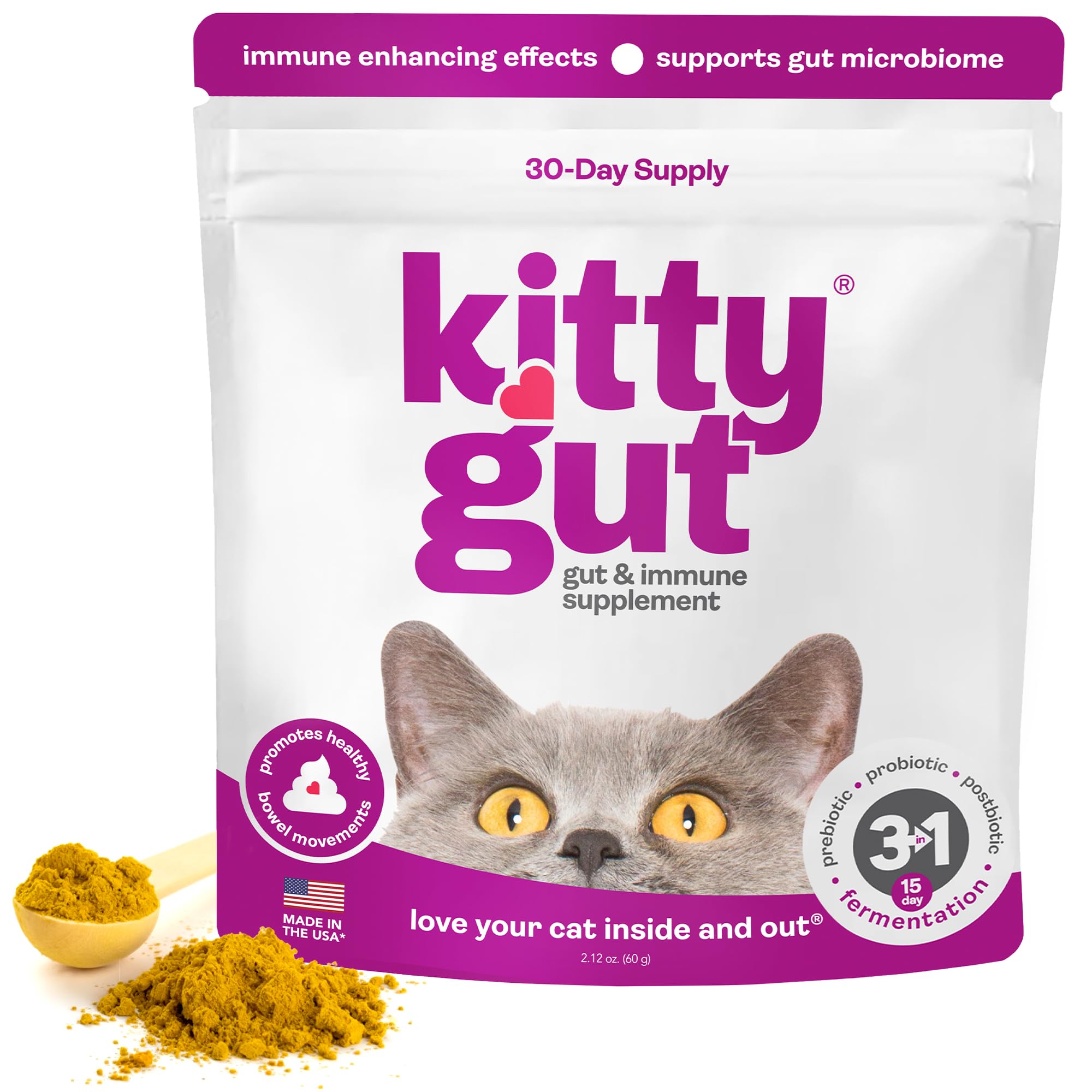 KittyGut 3-in-1 Organic Cat Probiotics & Postbiotic Supplement Powder- Made in USA-Probiotics for Cats Promote Gut Health and Cat Digestive Support, Diarrhea and Vomiting (60g) - OzHealthStandard
