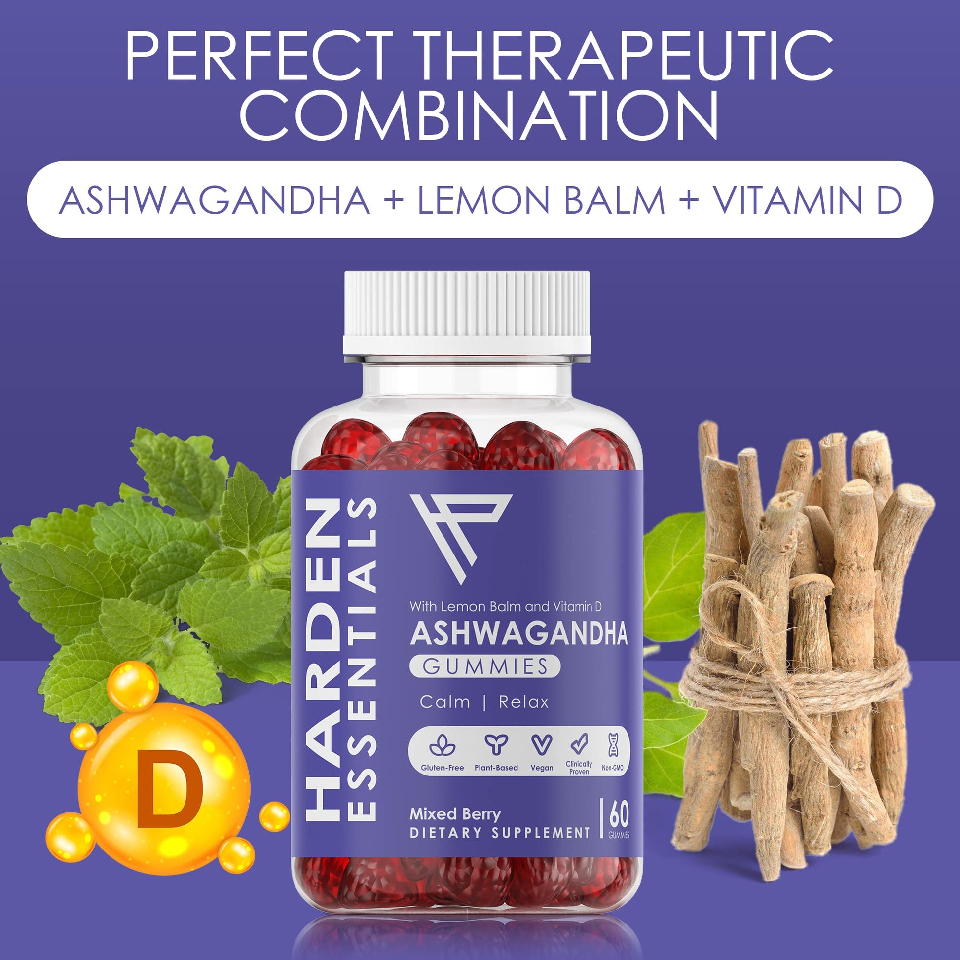 KSM-66 Ashwagandha Gummies 750mg Per Gummy – 1,500mg Per Serving – Stress & Cortisol Support – with Lemon Balm & Vitamin D – 60 Count (30 Day Supply) – Vegan – Harden Essentials - OzHealthStandard