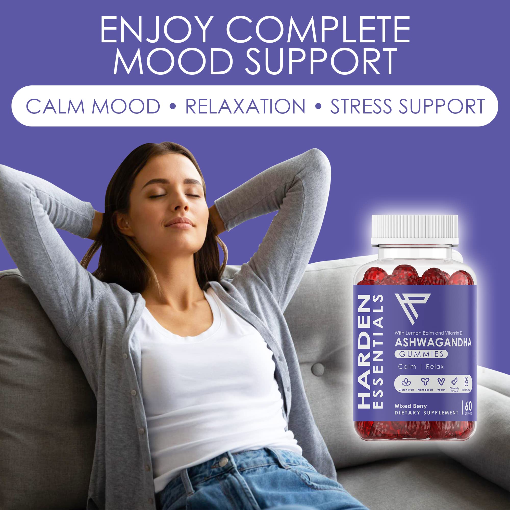 KSM-66 Ashwagandha Gummies 750mg Per Gummy – 1,500mg Per Serving – Stress & Cortisol Support – with Lemon Balm & Vitamin D – 60 Count (30 Day Supply) – Vegan – Harden Essentials - OzHealthStandard