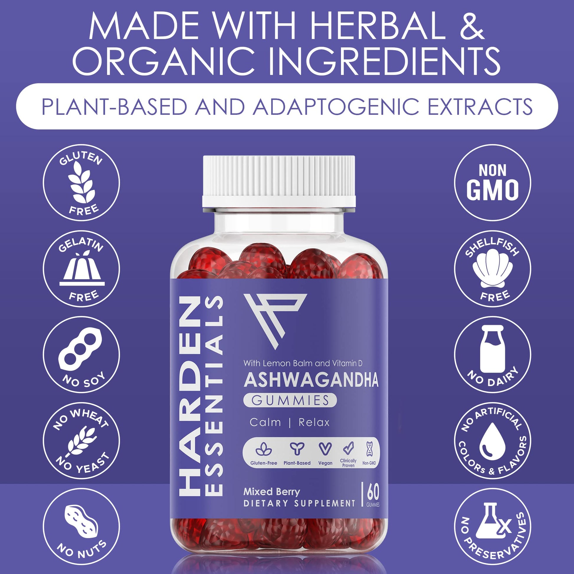 KSM-66 Ashwagandha Gummies 750mg Per Gummy – 1,500mg Per Serving – Stress & Cortisol Support – with Lemon Balm & Vitamin D – 60 Count (30 Day Supply) – Vegan – Harden Essentials - OzHealthStandard