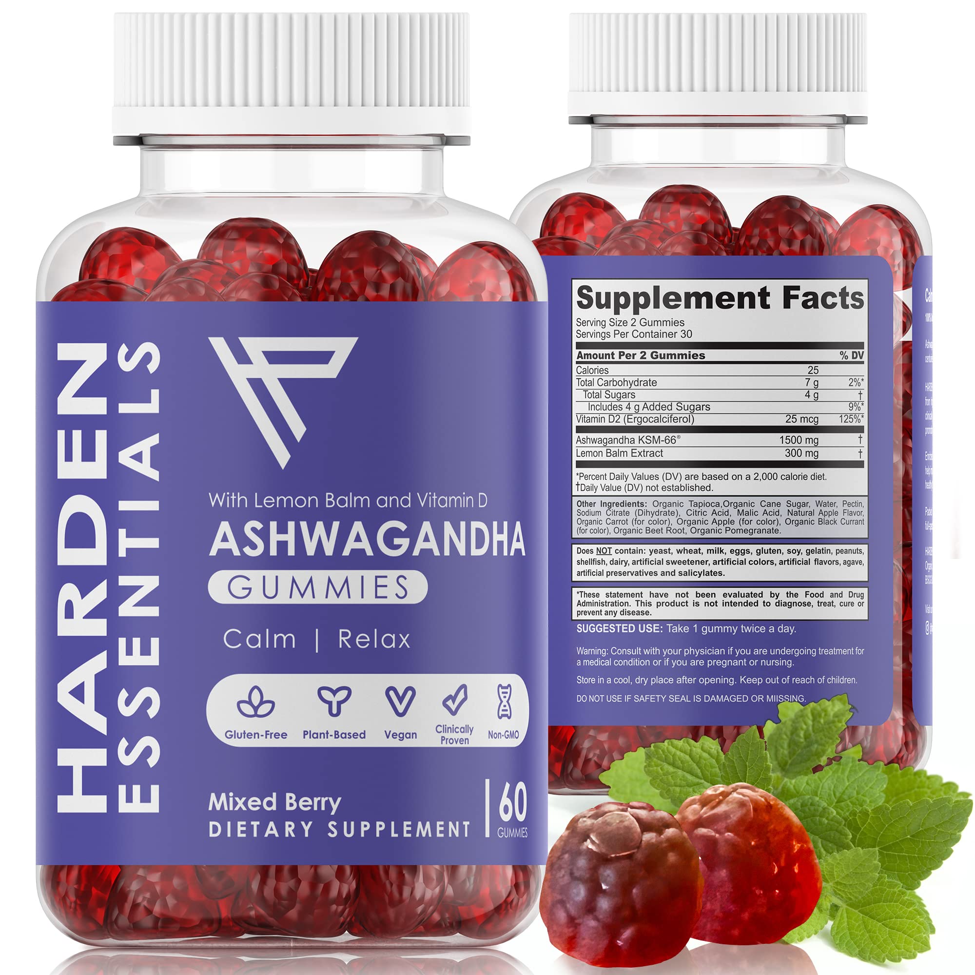 KSM-66 Ashwagandha Gummies 750mg Per Gummy – 1,500mg Per Serving – Stress & Cortisol Support – with Lemon Balm & Vitamin D – 60 Count (30 Day Supply) – Vegan – Harden Essentials - OzHealthStandard
