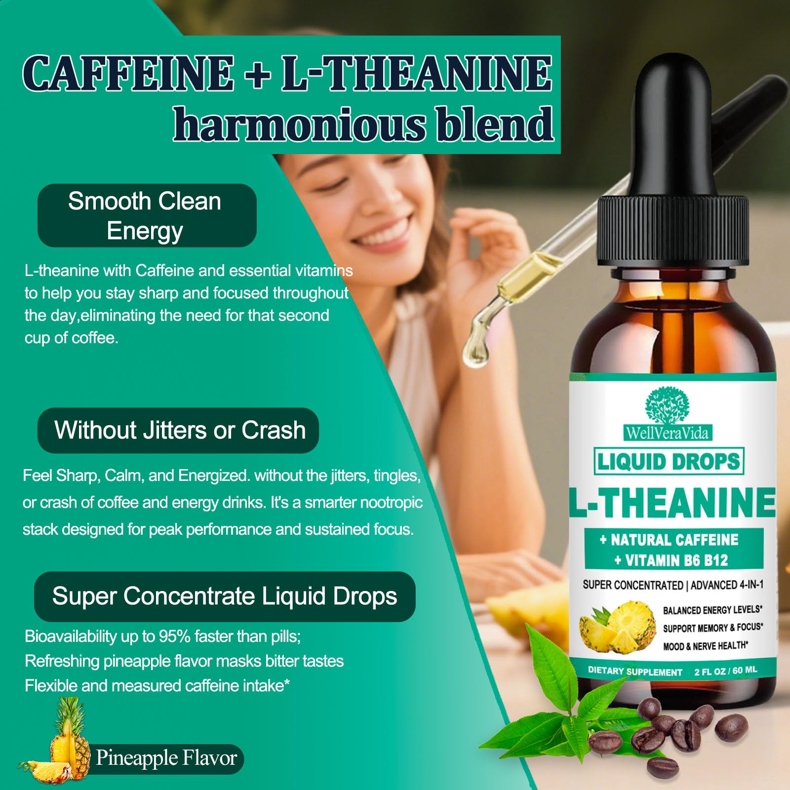L Theanine Caffeine Liquid Drops, High Potency L-Theanine 100mg w. Caffeine Vitamin B12 B6, Natural Nootropic Brain for Smooth Energy Focus Alertness, 6X Stronger Than Pills Powder Gum - OzHealthStandard