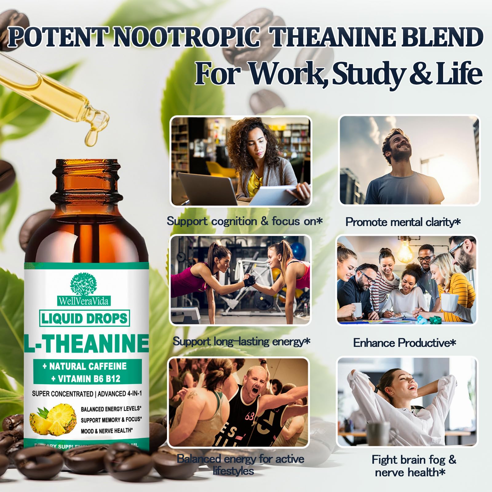 L Theanine Caffeine Liquid Drops, High Potency L-Theanine 100mg w. Caffeine Vitamin B12 B6, Natural Nootropic Brain for Smooth Energy Focus Alertness, 6X Stronger Than Pills Powder Gum - OzHealthStandard
