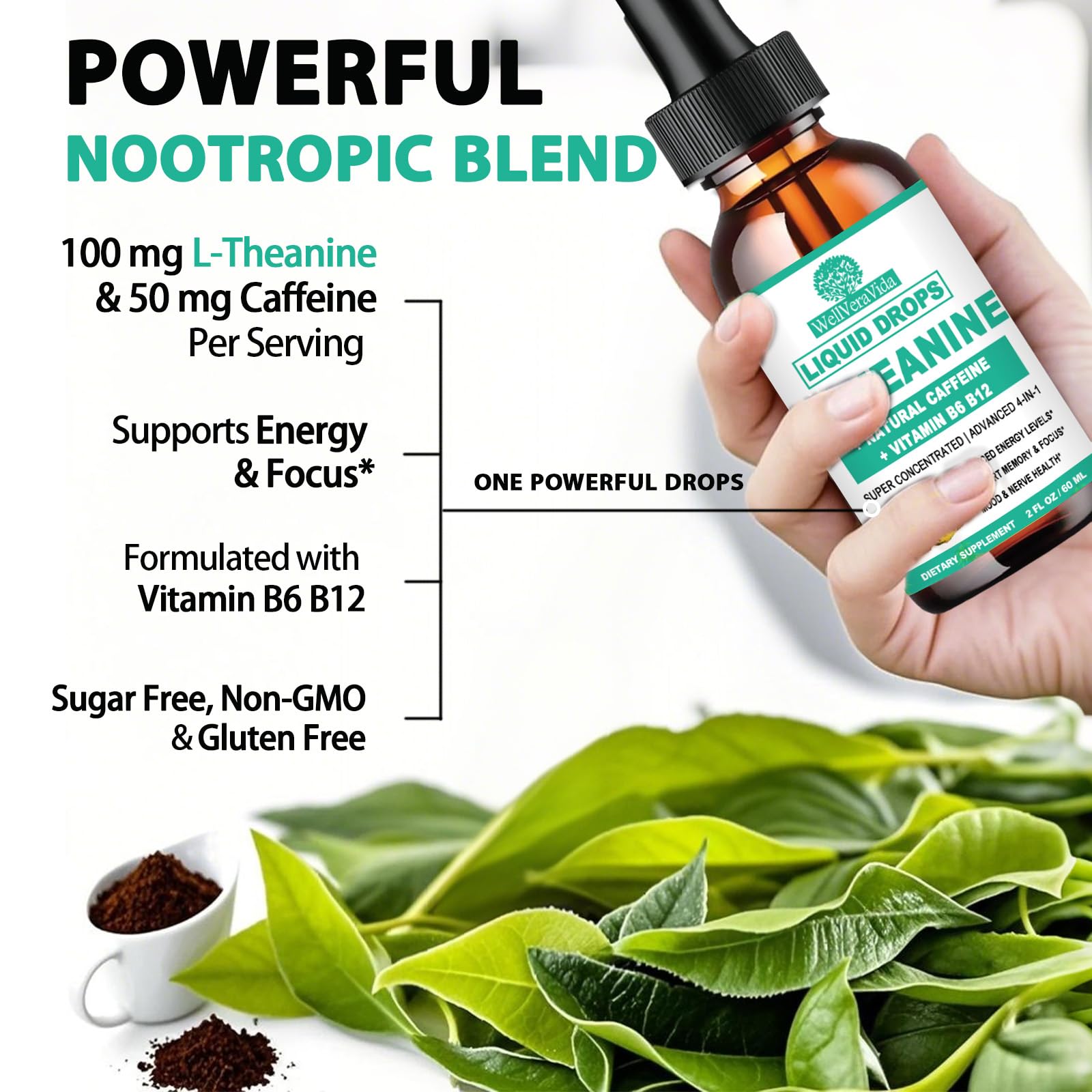 L Theanine Caffeine Liquid Drops, High Potency L-Theanine 100mg w. Caffeine Vitamin B12 B6, Natural Nootropic Brain for Smooth Energy Focus Alertness, 6X Stronger Than Pills Powder Gum - OzHealthStandard