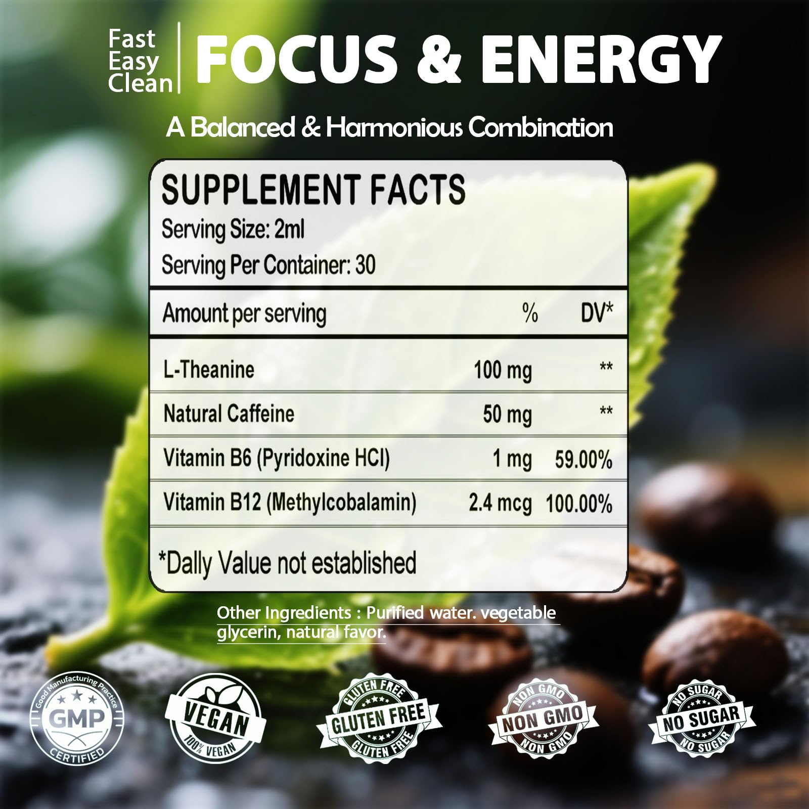 L Theanine Caffeine Liquid Drops, High Potency L-Theanine 100mg w. Caffeine Vitamin B12 B6, Natural Nootropic Brain for Smooth Energy Focus Alertness, 6X Stronger Than Pills Powder Gum - OzHealthStandard