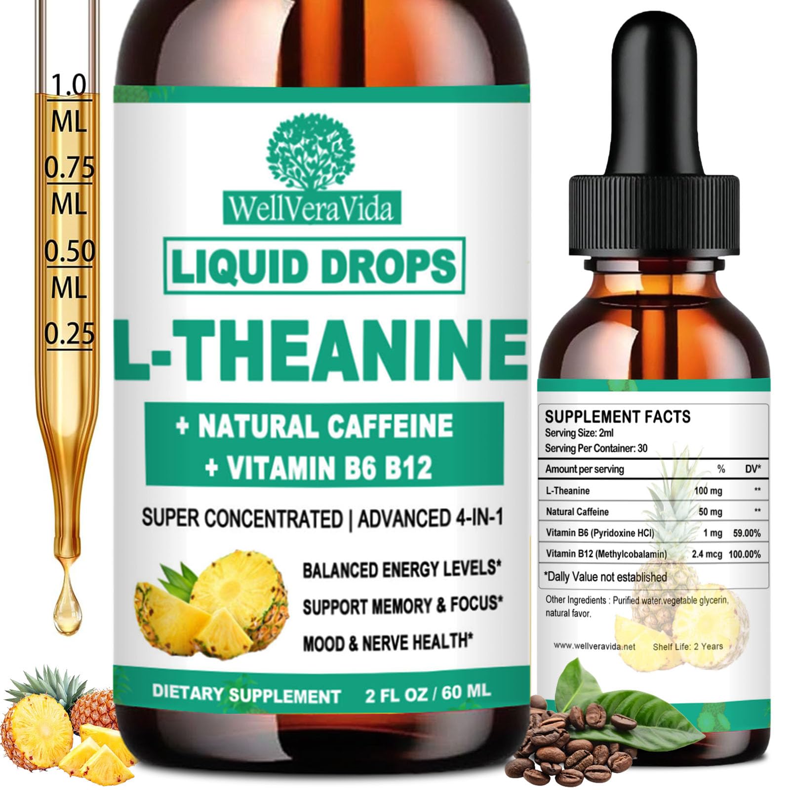 L Theanine Caffeine Liquid Drops, High Potency L-Theanine 100mg w. Caffeine Vitamin B12 B6, Natural Nootropic Brain for Smooth Energy Focus Alertness, 6X Stronger Than Pills Powder Gum - OzHealthStandard