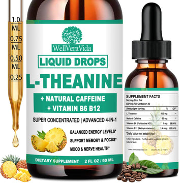 L Theanine Caffeine Liquid Drops, High Potency L-Theanine 100mg w. Caffeine Vitamin B12 B6, Natural Nootropic Brain for Smooth Energy Focus Alertness, 6X Stronger Than Pills Powder Gum - OzHealthStandard