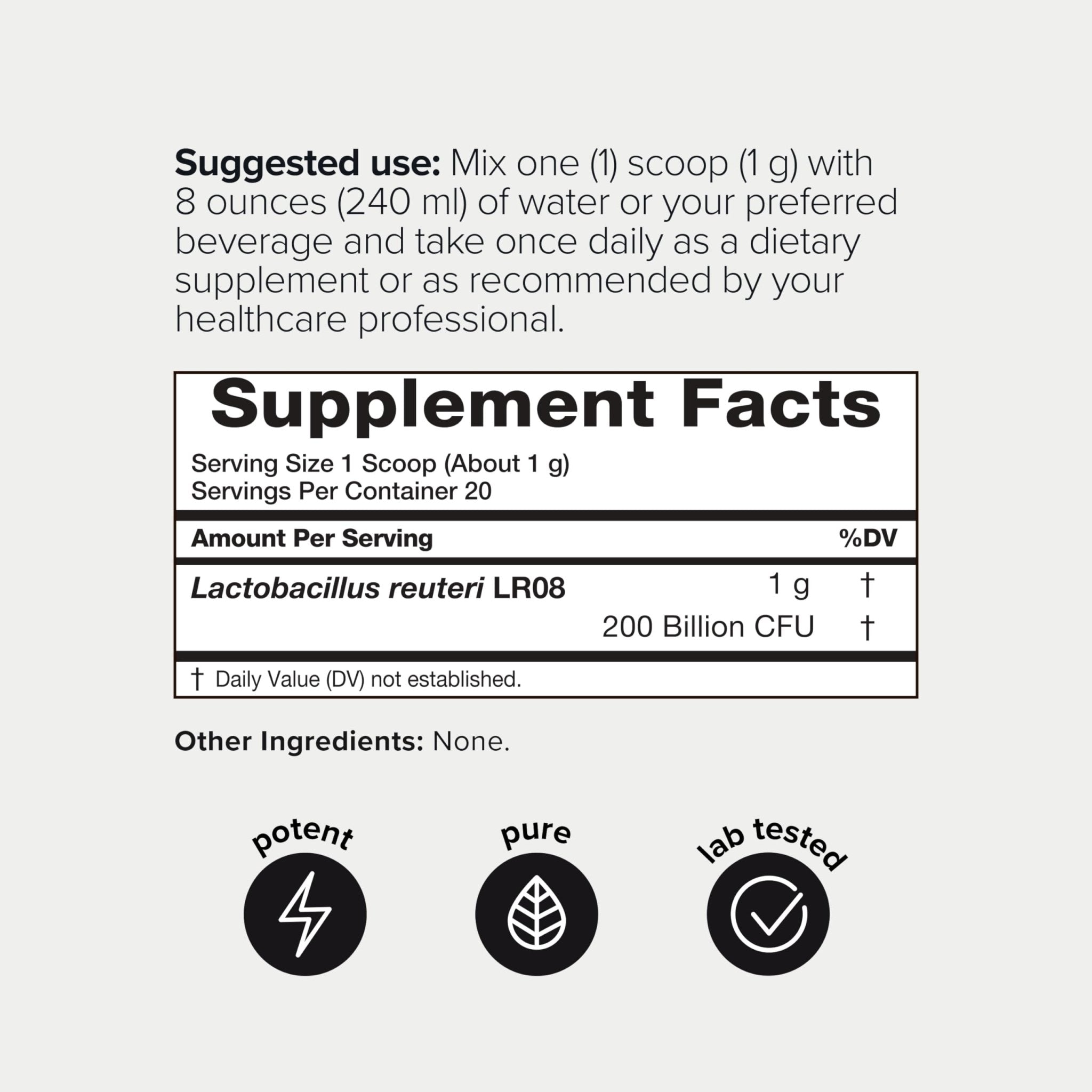Lactobacillus Reuteri Powder – Ultra High Strength 200 Billion CFU Probiotic L Reuteri Supplement and Yogurt Starter – Third Party Tested Pure Single-Strain– Shelf-Stable – 20g - OzHealthStandard
