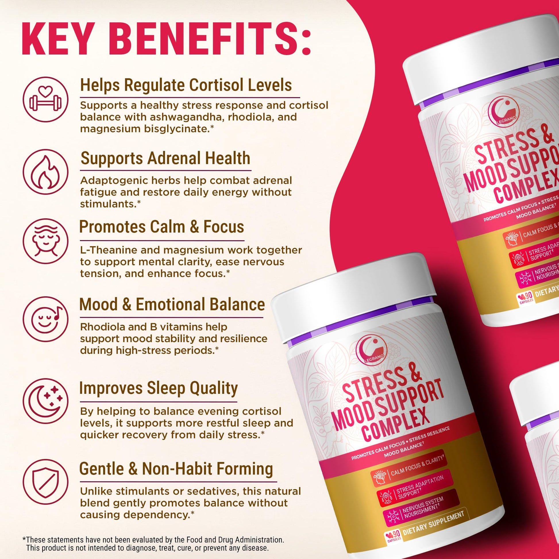 LEGRANO Cortisol Manager Supplements for Women & Men with Ashwagandha, L-Theanine, Magnesium Glycinate, Rhodiola, Ginseng – Cortisol Reducer & Adrenal Support – 90 Capsules – Calm, Focus, Balance - OzHealthStandard