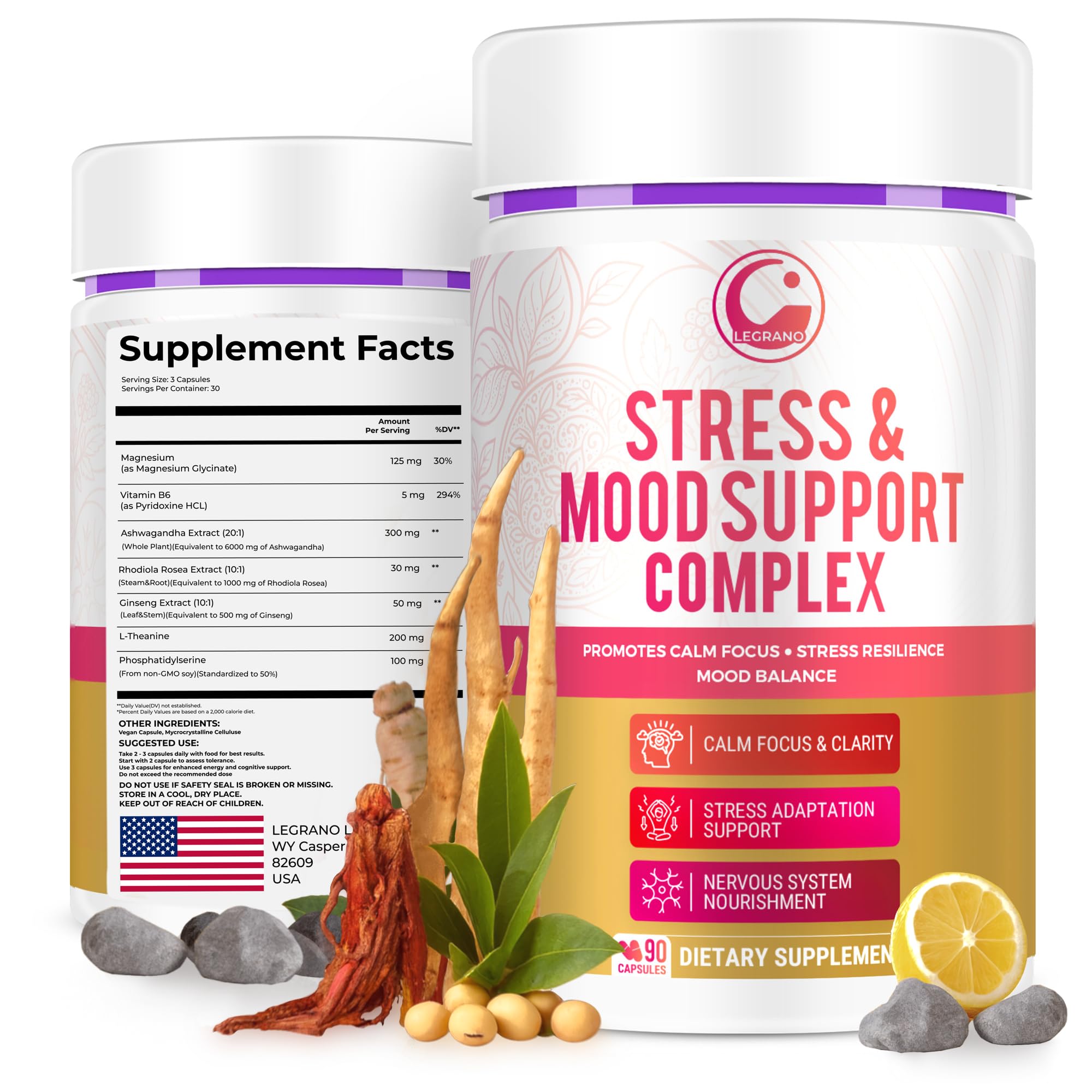 LEGRANO Cortisol Manager Supplements for Women & Men with Ashwagandha, L-Theanine, Magnesium Glycinate, Rhodiola, Ginseng – Cortisol Reducer & Adrenal Support – 90 Capsules – Calm, Focus, Balance - OzHealthStandard