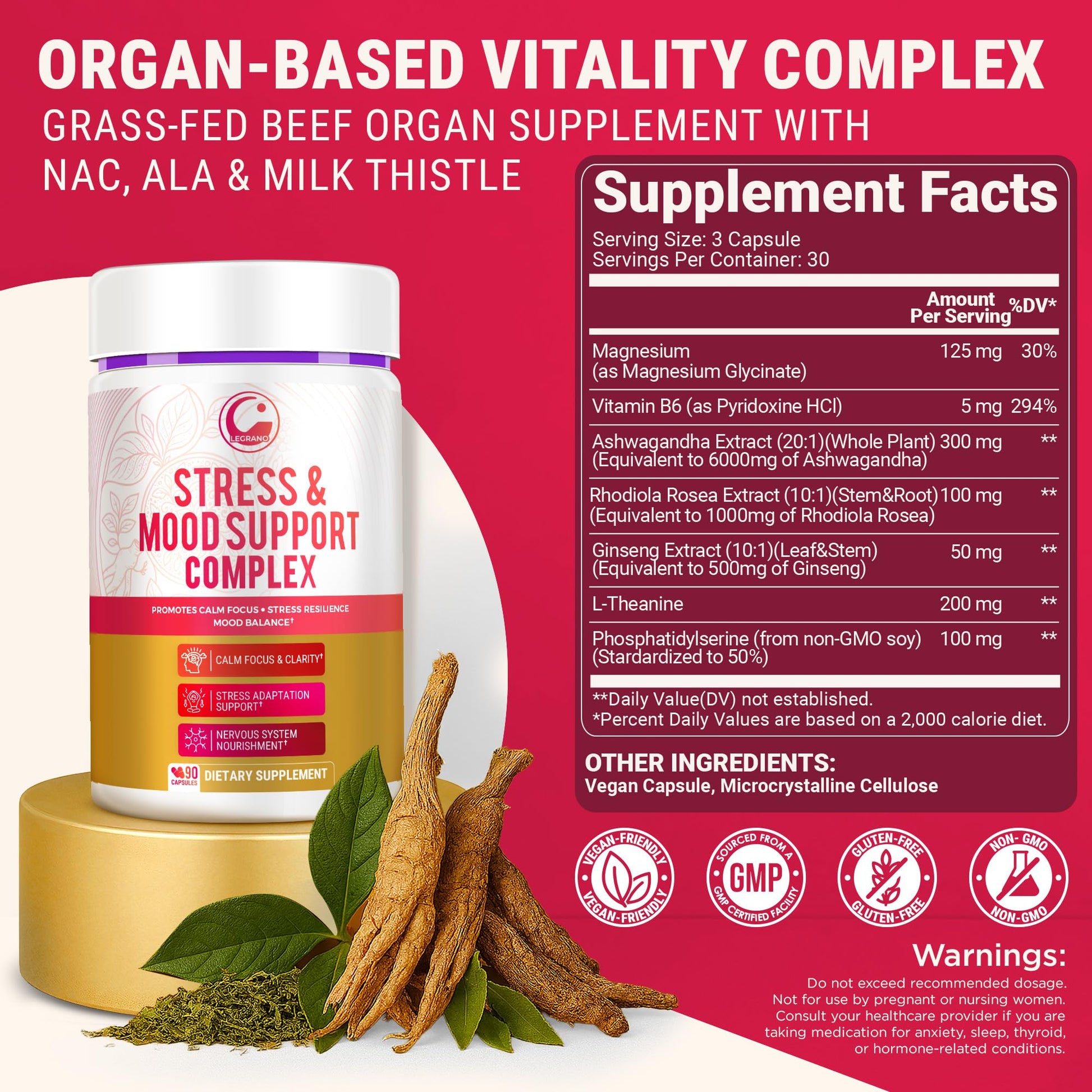 LEGRANO Cortisol Manager Supplements for Women & Men with Ashwagandha, L-Theanine, Magnesium Glycinate, Rhodiola, Ginseng – Cortisol Reducer & Adrenal Support – 90 Capsules – Calm, Focus, Balance - OzHealthStandard