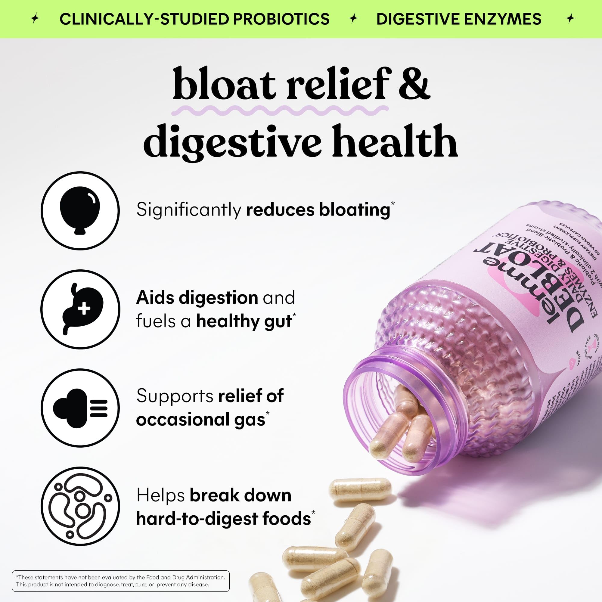 Lemme Debloat 3-in-1 Prebiotic, Probiotic & Digestive Enzyme Capsules for Bloating & Gas Relief - 2 Clinically Studied Probiotics w/5 Digestive Enzymes to Improve Digestion, Women & Men, (60 Count) - OzHealthStandard