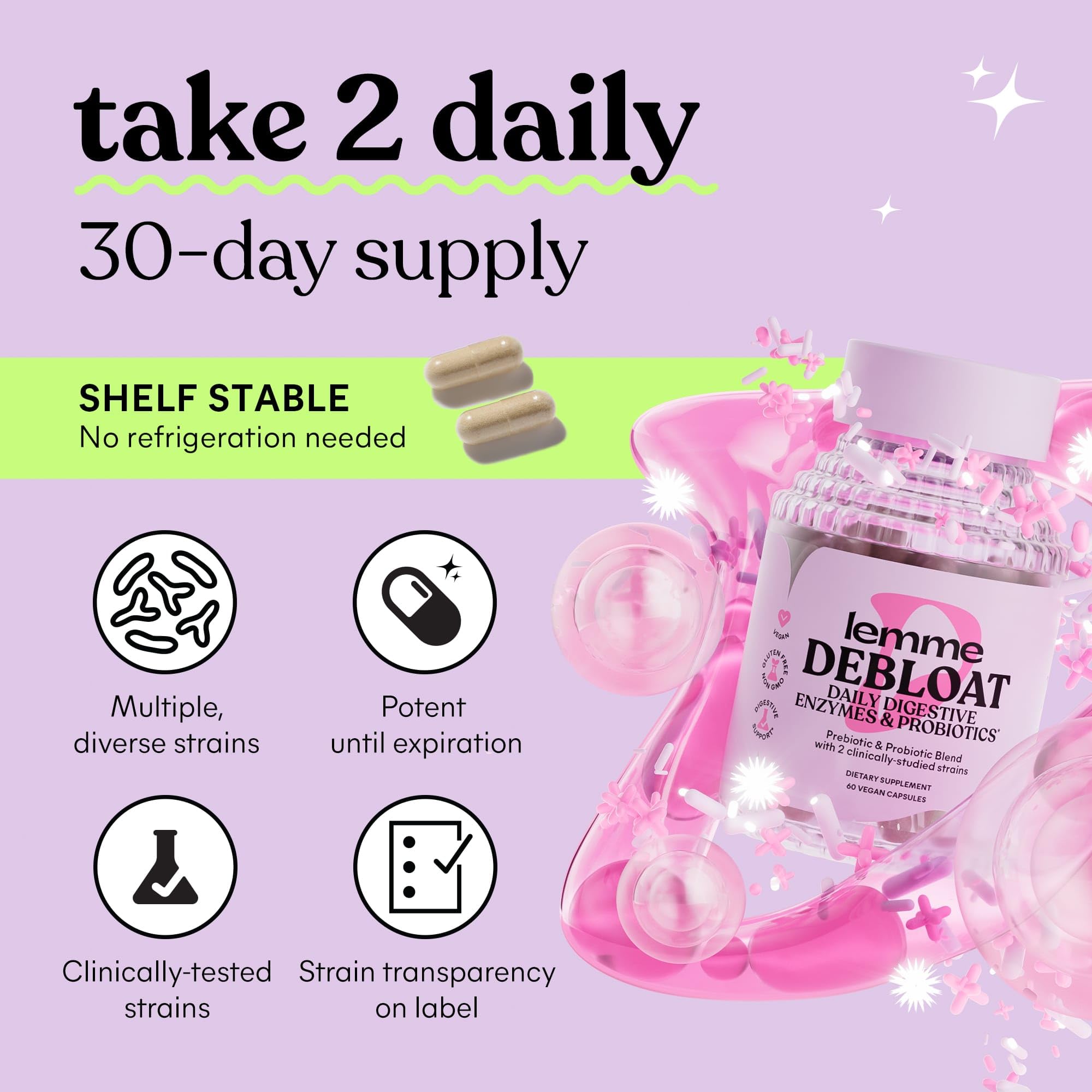 Lemme Debloat 3-in-1 Prebiotic, Probiotic & Digestive Enzyme Capsules for Bloating & Gas Relief - 2 Clinically Studied Probiotics w/5 Digestive Enzymes to Improve Digestion, Women & Men, (60 Count) - OzHealthStandard