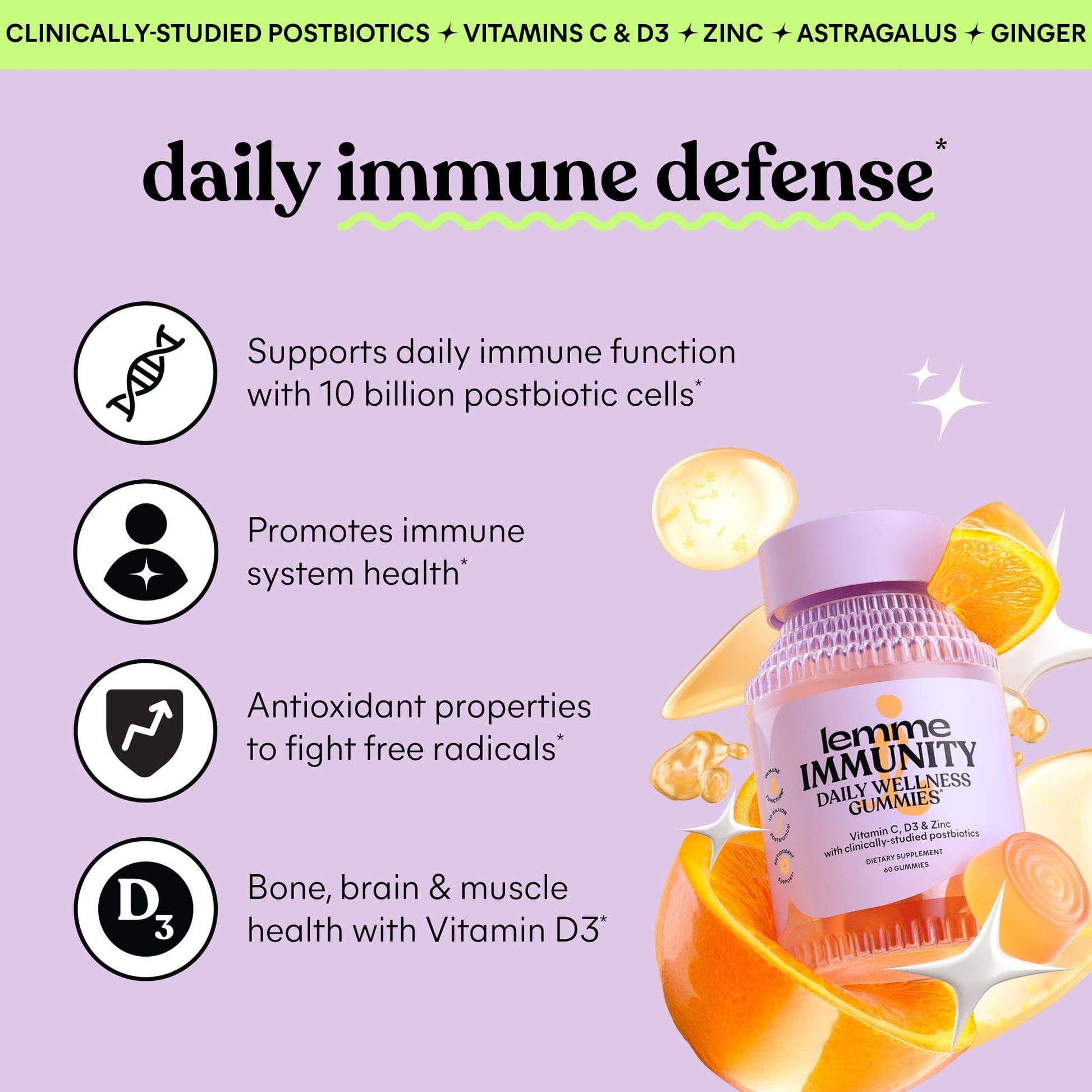 Lemme Immunity Postbiotic Gummies with Vitamin C, Vitamin D (2000 IU), Zinc, 10 Billion Postbiotic Cells, Astragalus for Immune Support - Vegetarian, Gluten Free, Sweet Orange (60 Count) - OzHealthStandard
