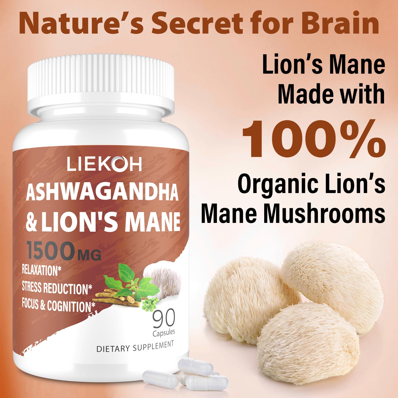 Liekoh Ashwagandha & Lions Mane Supplement Capsules, Brain Supplements for Memory and Focus, Ashwagandha Supplement with Rhodiola & Black Peppe, Cortisol Supplements for Women & Men,90 Caps - OzHealthStandard