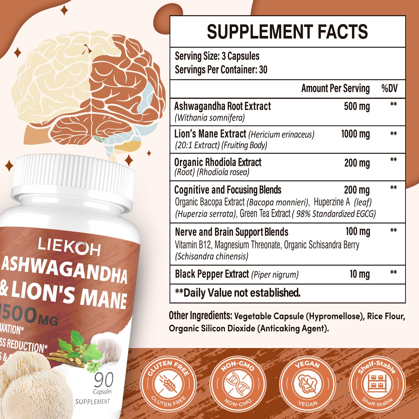 Liekoh Ashwagandha & Lions Mane Supplement Capsules, Brain Supplements for Memory and Focus, Ashwagandha Supplement with Rhodiola & Black Peppe, Cortisol Supplements for Women & Men,90 Caps - OzHealthStandard