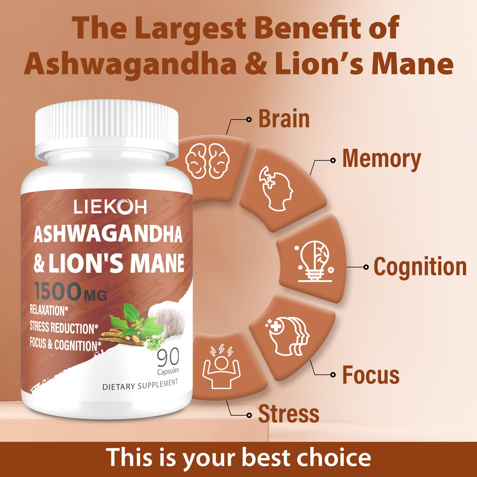 Liekoh Ashwagandha & Lions Mane Supplement Capsules, Brain Supplements for Memory and Focus, Ashwagandha Supplement with Rhodiola & Black Peppe, Cortisol Supplements for Women & Men,90 Caps - OzHealthStandard
