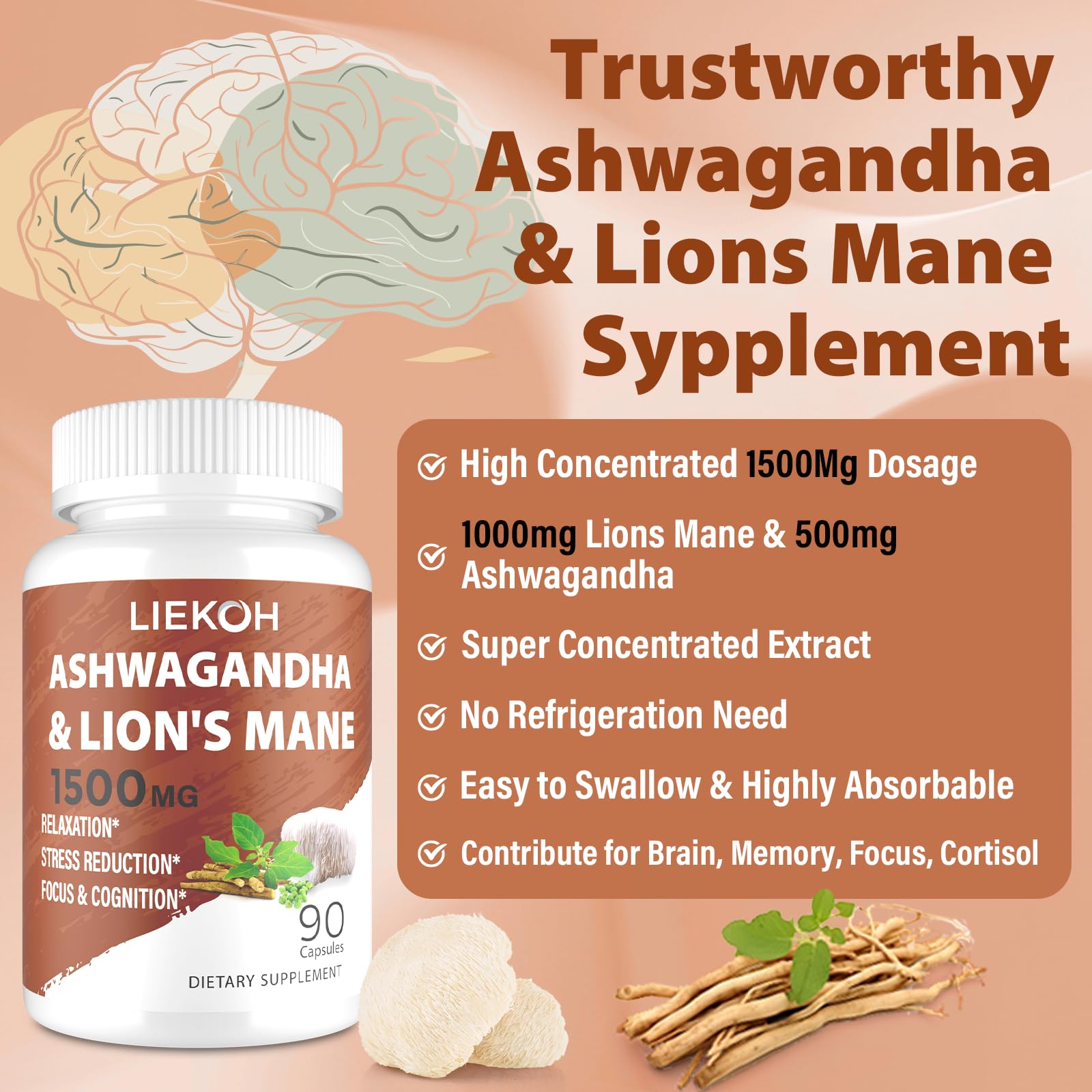 Liekoh Ashwagandha & Lions Mane Supplement Capsules, Brain Supplements for Memory and Focus, Ashwagandha Supplement with Rhodiola & Black Peppe, Cortisol Supplements for Women & Men,90 Caps - OzHealthStandard