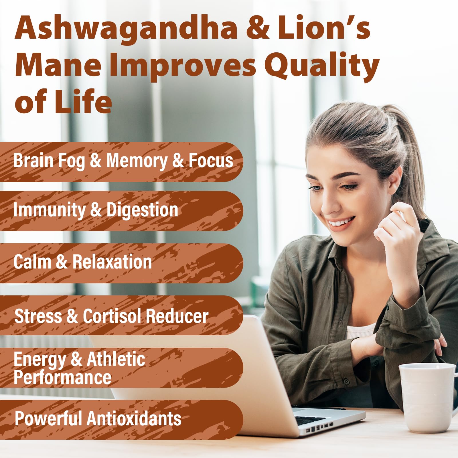 Liekoh Ashwagandha & Lions Mane Supplement Capsules, Brain Supplements for Memory and Focus, Ashwagandha Supplement with Rhodiola & Black Peppe, Cortisol Supplements for Women & Men,90 Caps - OzHealthStandard