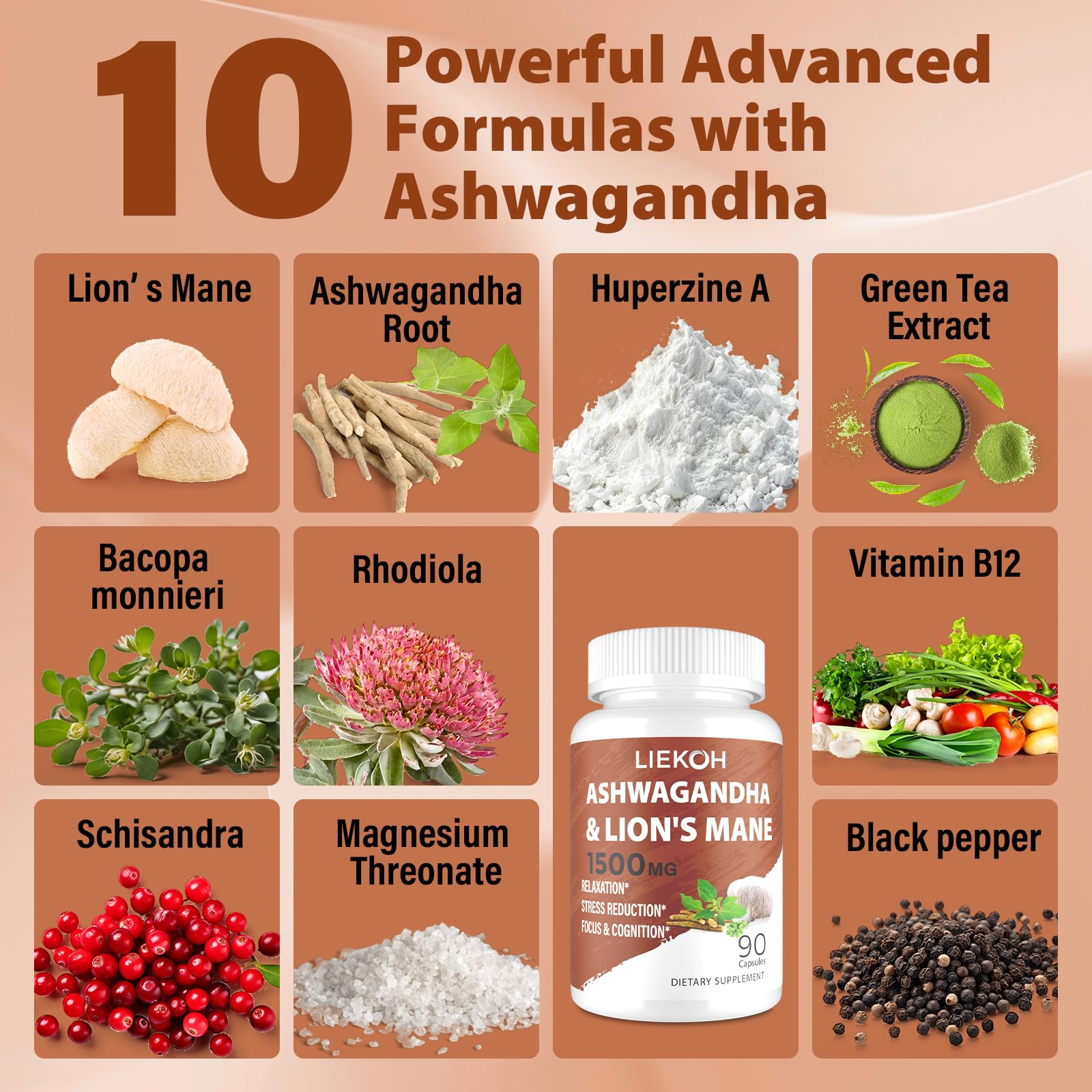 Liekoh Ashwagandha & Lions Mane Supplement Capsules, Brain Supplements for Memory and Focus, Ashwagandha Supplement with Rhodiola & Black Peppe, Cortisol Supplements for Women & Men,90 Caps - OzHealthStandard