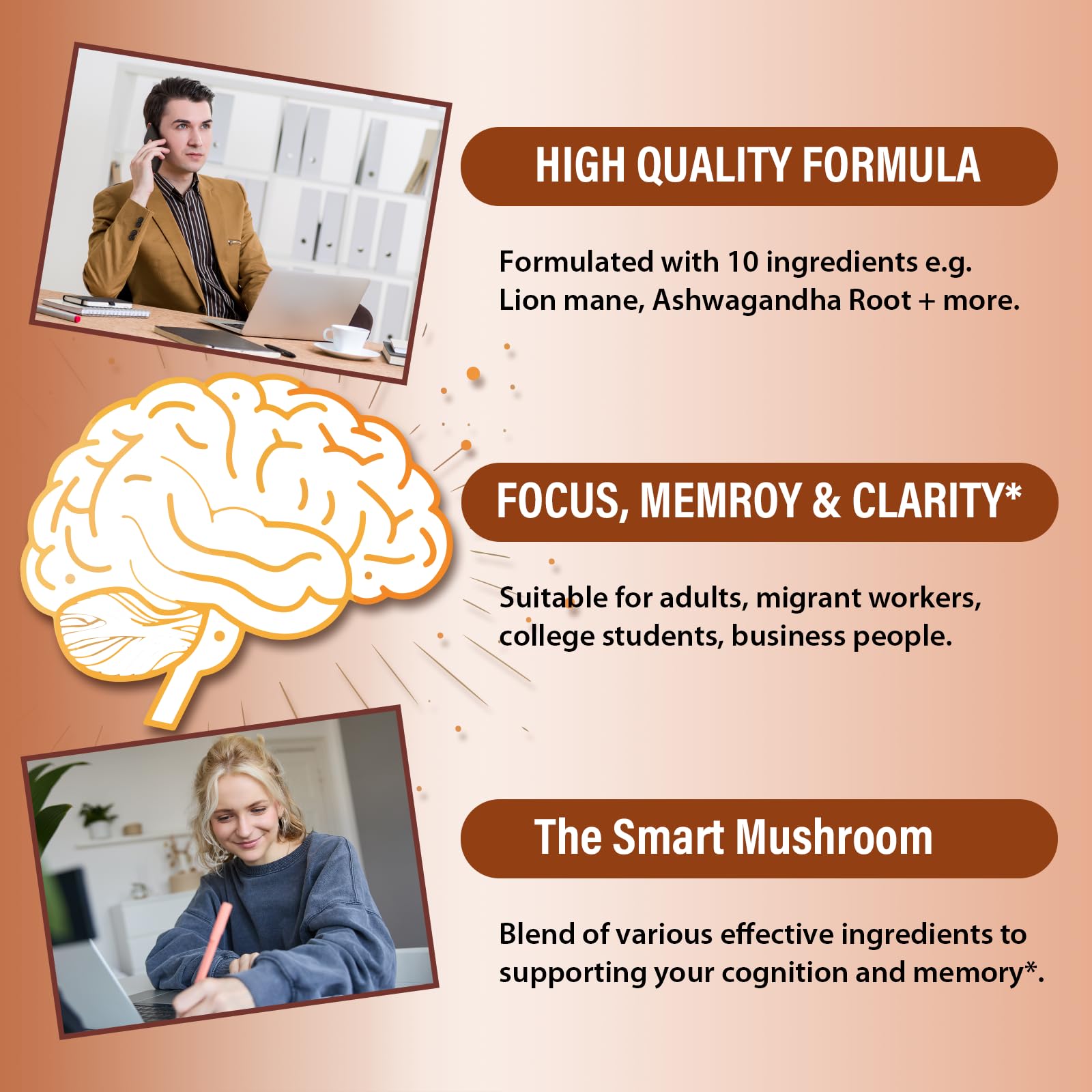 Liekoh Ashwagandha & Lions Mane Supplement Capsules, Brain Supplements for Memory and Focus, Ashwagandha Supplement with Rhodiola & Black Peppe, Cortisol Supplements for Women & Men,90 Caps - OzHealthStandard