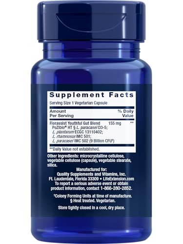 Life Extension FLORASSIST® Probiotic Youthful Gut, Healthy Aging Supplement, postbiotic and probiotic Blend, Heart and Gut Health, Non-GMO, 1-Daily, Gluten-Free, Vegetarian, 30 Capsules - OzHealthStandard