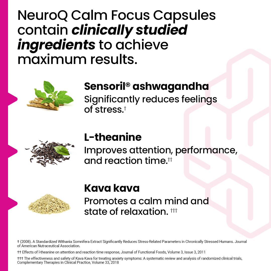 LifeSeasons NeuroQ Calm Focus Capsules - Stress Relief Supplement - Supports Mental Function & Relaxation - Sensoril Ashwagandha, Magnesium, GABA, L-Theanine, Andean Cocoa & Kava Kava - 60 Capsules - OzHealthStandard