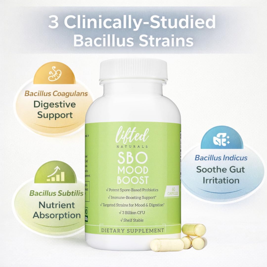 Lifted Naturals Spore Based Probiotic Probiotics - SBO Mood Boost - Spore/Soil-Based - Digestion & Natural Mood Support - Histamine-Free - 60 Day Supply, Non-GMO, Dairy-Free, Gluten-Free, Vegan - OzHealthStandard