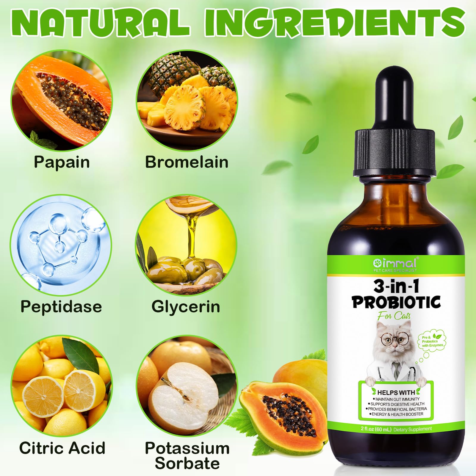 Liquid Cat Probiotic, Natural 3 in 1 Probiotic for Cats, Cat Digestive Support,Gut Health Support,Help with Diarrhea,Gas and Bloating, Cat Herbal Supplements- 60ml - OzHealthStandard