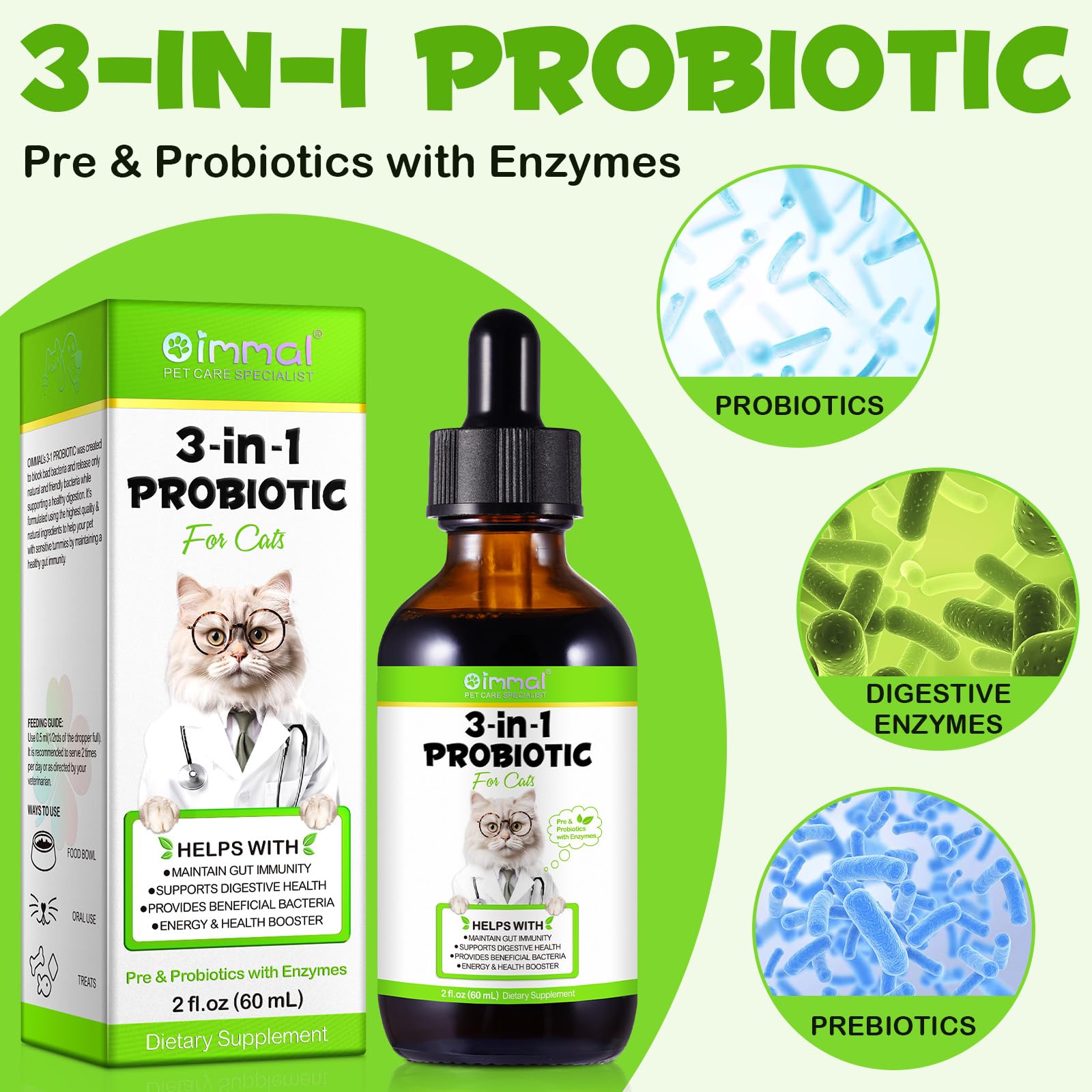 Liquid Cat Probiotic, Natural 3 in 1 Probiotic for Cats, Cat Digestive Support,Gut Health Support,Help with Diarrhea,Gas and Bloating, Cat Herbal Supplements- 60ml - OzHealthStandard
