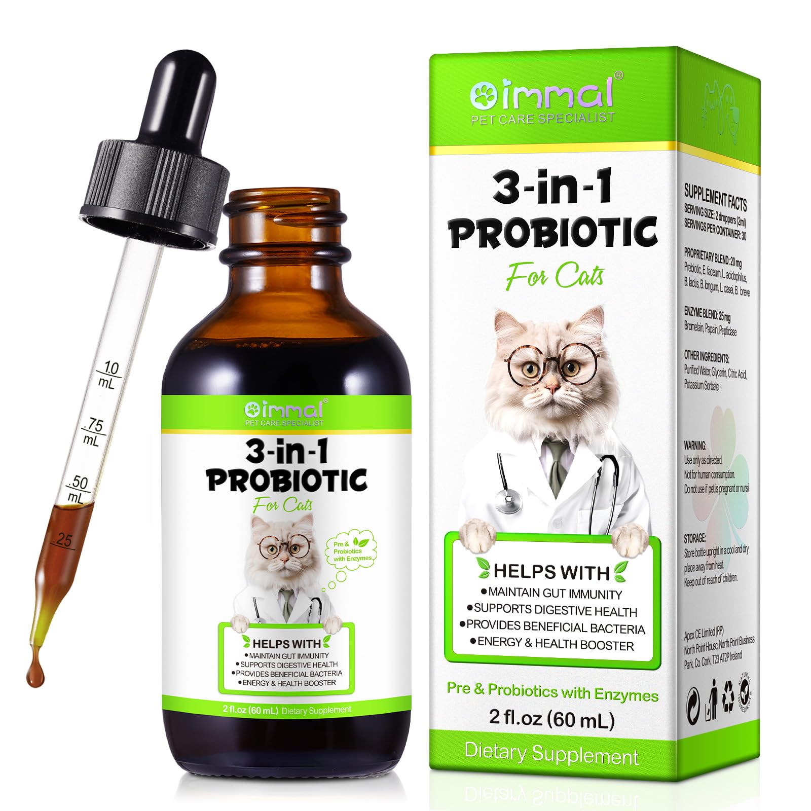 Liquid Cat Probiotic, Natural 3 in 1 Probiotic for Cats, Cat Digestive Support,Gut Health Support,Help with Diarrhea,Gas and Bloating, Cat Herbal Supplements- 60ml - OzHealthStandard