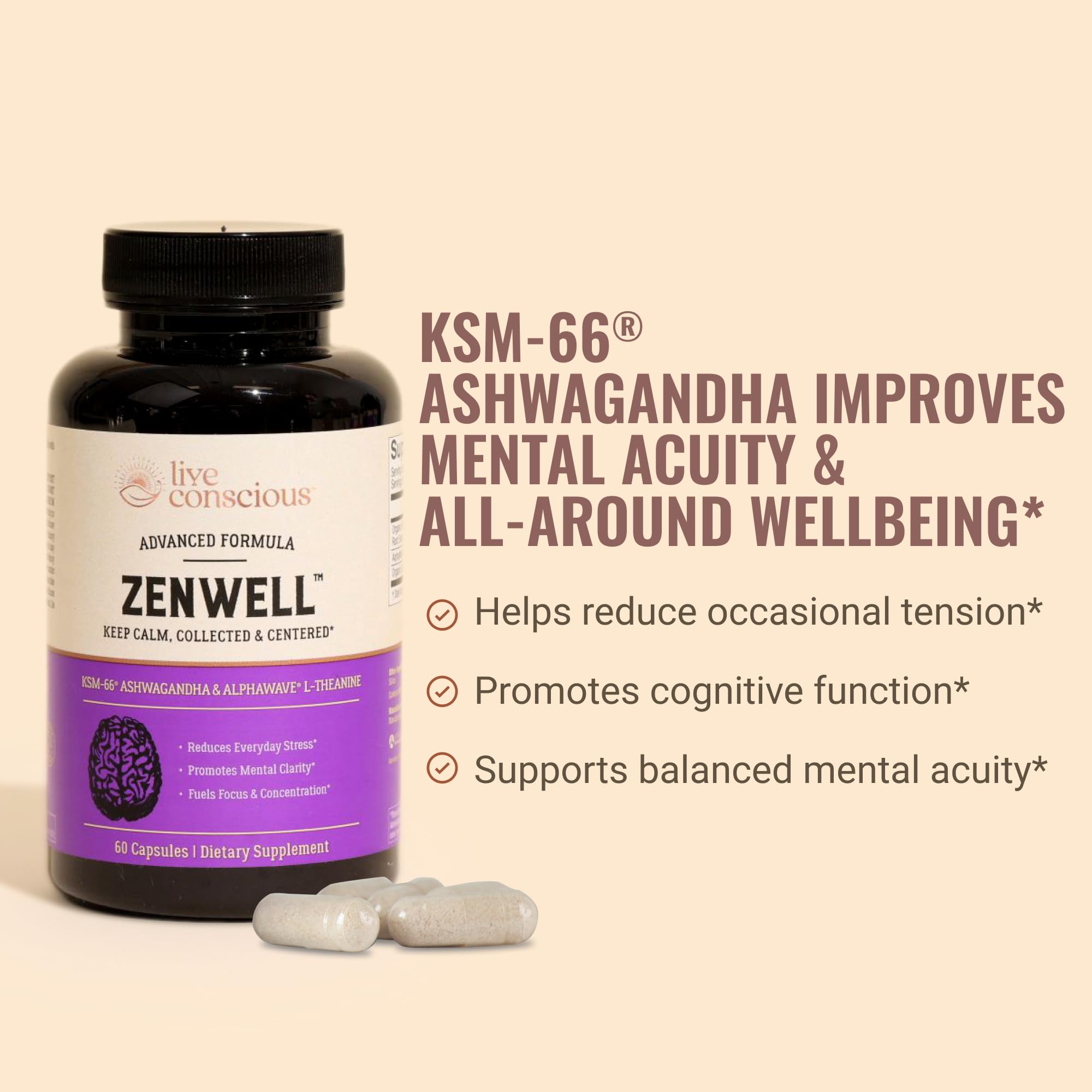 Live Conscious KSM-66 Ashwagandha Supplement w/L Theanine & AlphaWave - ZenWell Everyday Stress Relief, Cognitive, Brain Health - OzHealthStandard