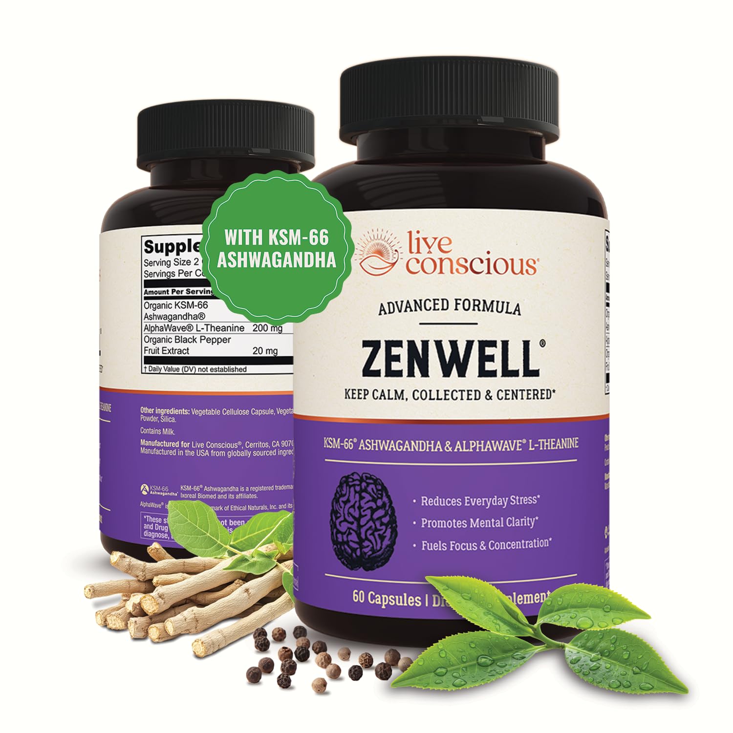 Live Conscious KSM-66 Ashwagandha Supplement w/L Theanine & AlphaWave - ZenWell Everyday Stress Relief, Cognitive, Brain Health - OzHealthStandard