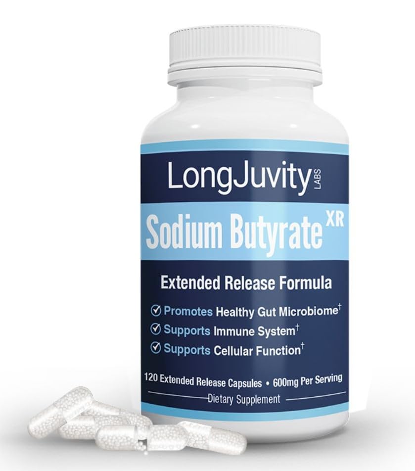 LongJuvity Sodium Butyrate Supplement (300mg) - Optimal Gut Health for Men & Women - Digestion Support & Leaky Gut Repair - Postbiotic Short Chain Fatty Acid, Lab Tested (120 Extended Release Caps) - OzHealthStandard