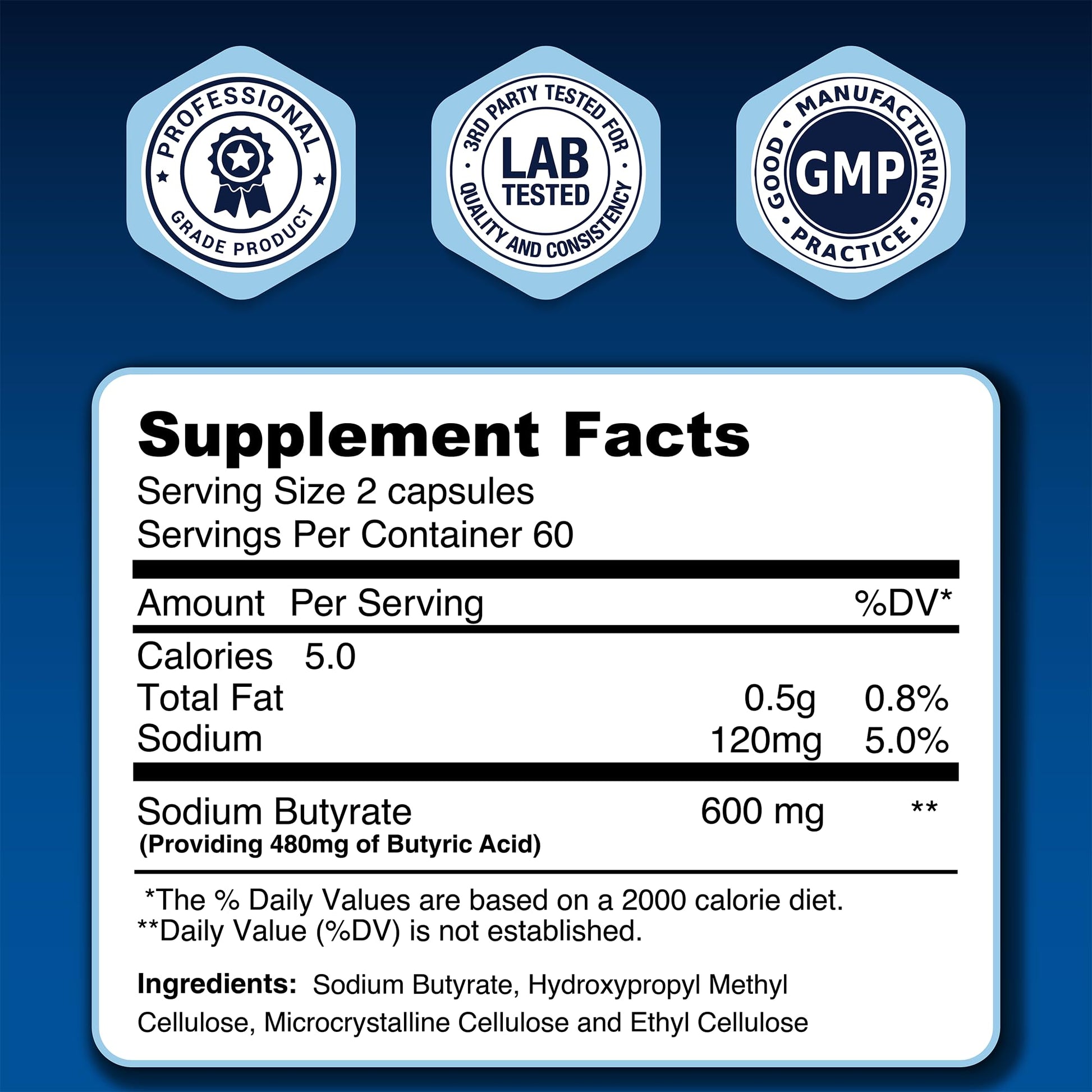 LongJuvity Sodium Butyrate Supplement (300mg) - Optimal Gut Health for Men & Women - Digestion Support & Leaky Gut Repair - Postbiotic Short Chain Fatty Acid, Lab Tested (120 Extended Release Caps) - OzHealthStandard