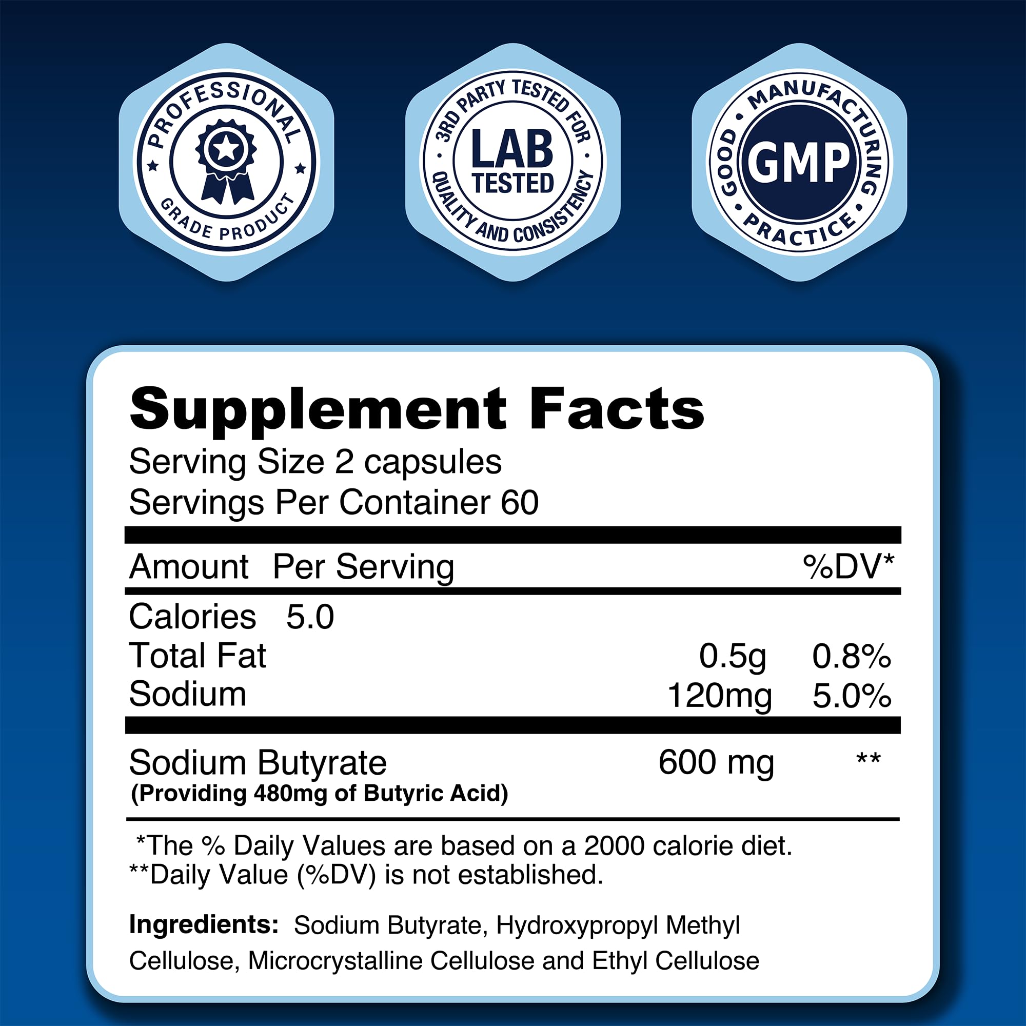 LongJuvity Sodium Butyrate Supplement (300mg) - Optimal Gut Health for Men & Women - Digestion Support & Leaky Gut Repair - Postbiotic Short Chain Fatty Acid, Lab Tested (120 Extended Release Caps) - OzHealthStandard