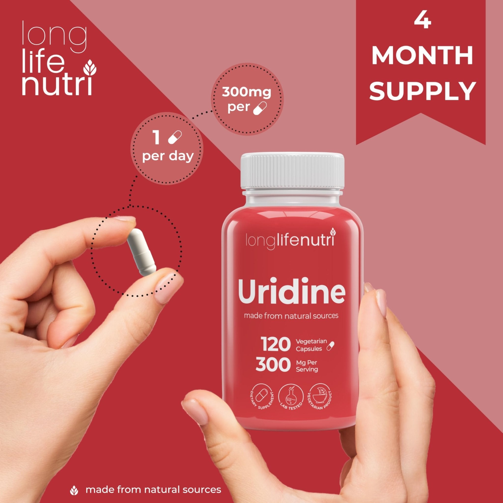 LongLifeNutri Uridine Monophosphate 300mg – Choline Precursor & Synaptic Function, Nootropic for Focus & Mental Performance, 120 Vegetarian Capsules, 4-Month Supply, GMP Certified, Made in USA - OzHealthStandard