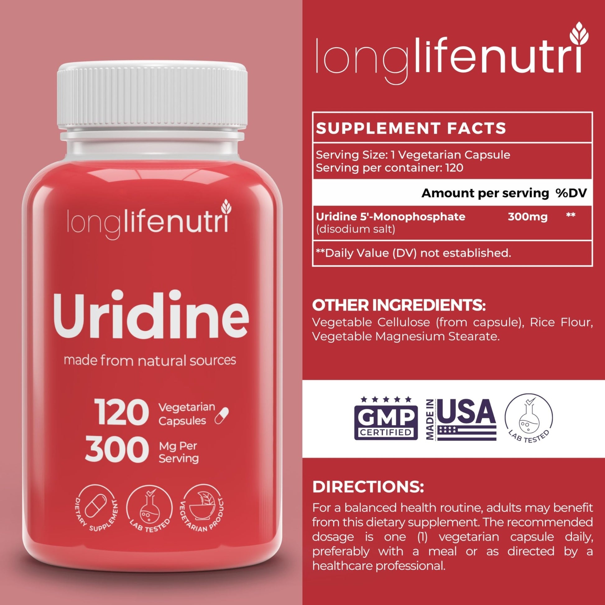 LongLifeNutri Uridine Monophosphate 300mg – Choline Precursor & Synaptic Function, Nootropic for Focus & Mental Performance, 120 Vegetarian Capsules, 4-Month Supply, GMP Certified, Made in USA - OzHealthStandard