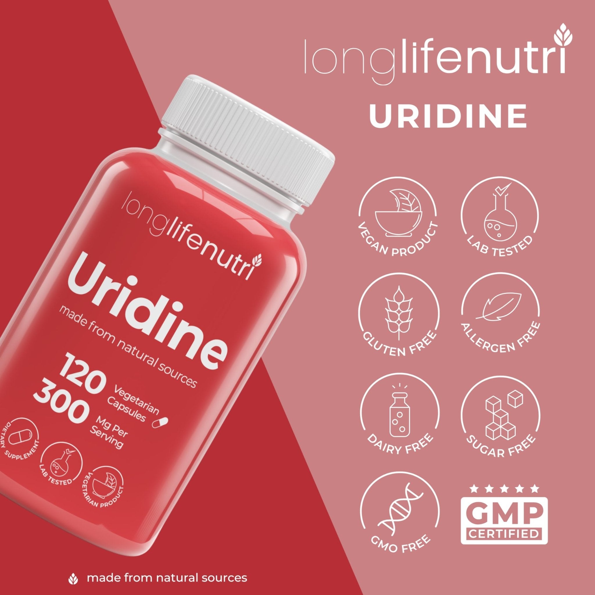 LongLifeNutri Uridine Monophosphate 300mg – Choline Precursor & Synaptic Function, Nootropic for Focus & Mental Performance, 120 Vegetarian Capsules, 4-Month Supply, GMP Certified, Made in USA - OzHealthStandard